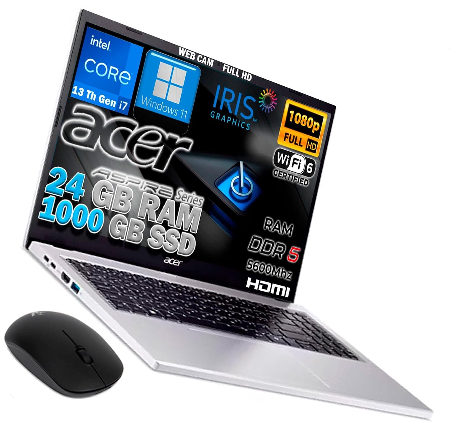 Acer Slim Intel i7 Notebook SSD 11Gen 4 Core 4.7Ghz, 20GB RAM, 2TB SSDHD, 15.6 FullHD Display, NVIDIA Geforce MX450, Aluminum Cover, Wi-Fi 6, HDmi, Win 11 Pro, Ready to Use, Gar. Ita