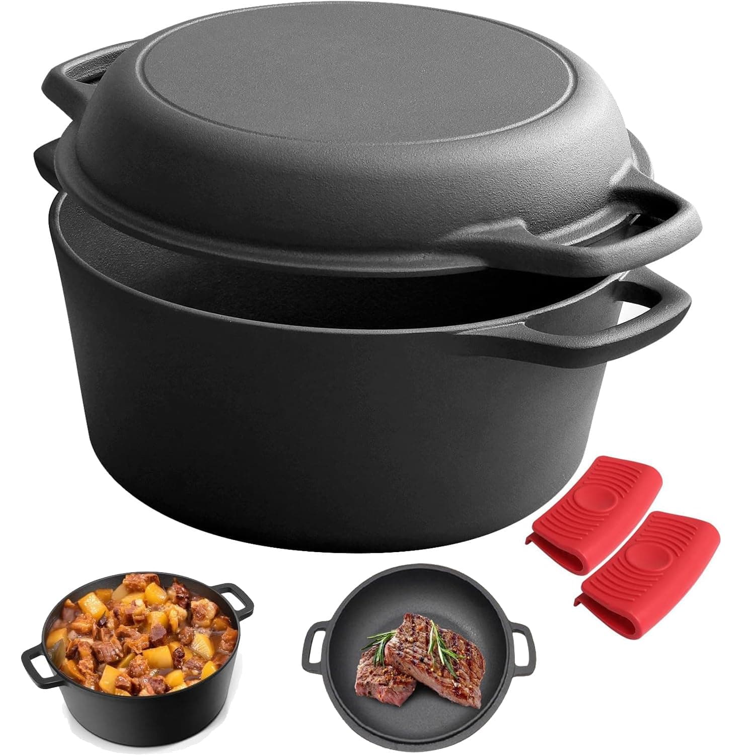 EOGILY 2-in-1 Pre-Seasoned Cast Iron Dutch Oven Pot with Skillet Lid Cooking Pan, Cast Iron Skillet Cookware Pan Set with Dual Handles, Indoor Outdoor for Bread, Frying, Baking, BBQ (Black, A)