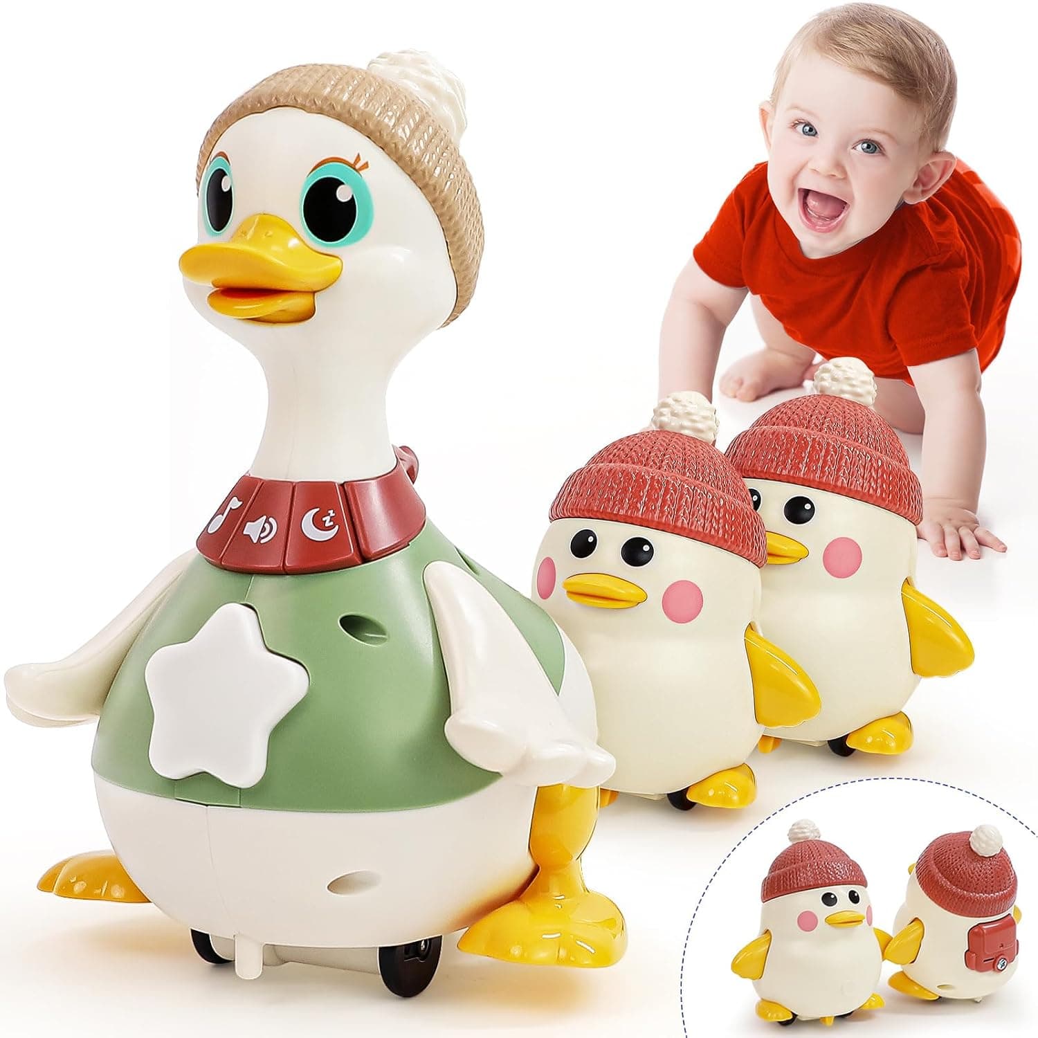 Hola Waddling Duck Family - Interactive Tummy Time Toy with Talking Mama Duck, Music Button, Adjustable Volume, Sensory Stimulation, and Magnetic Baby Ducks for Motor Skills, Crawling & Play 6M+