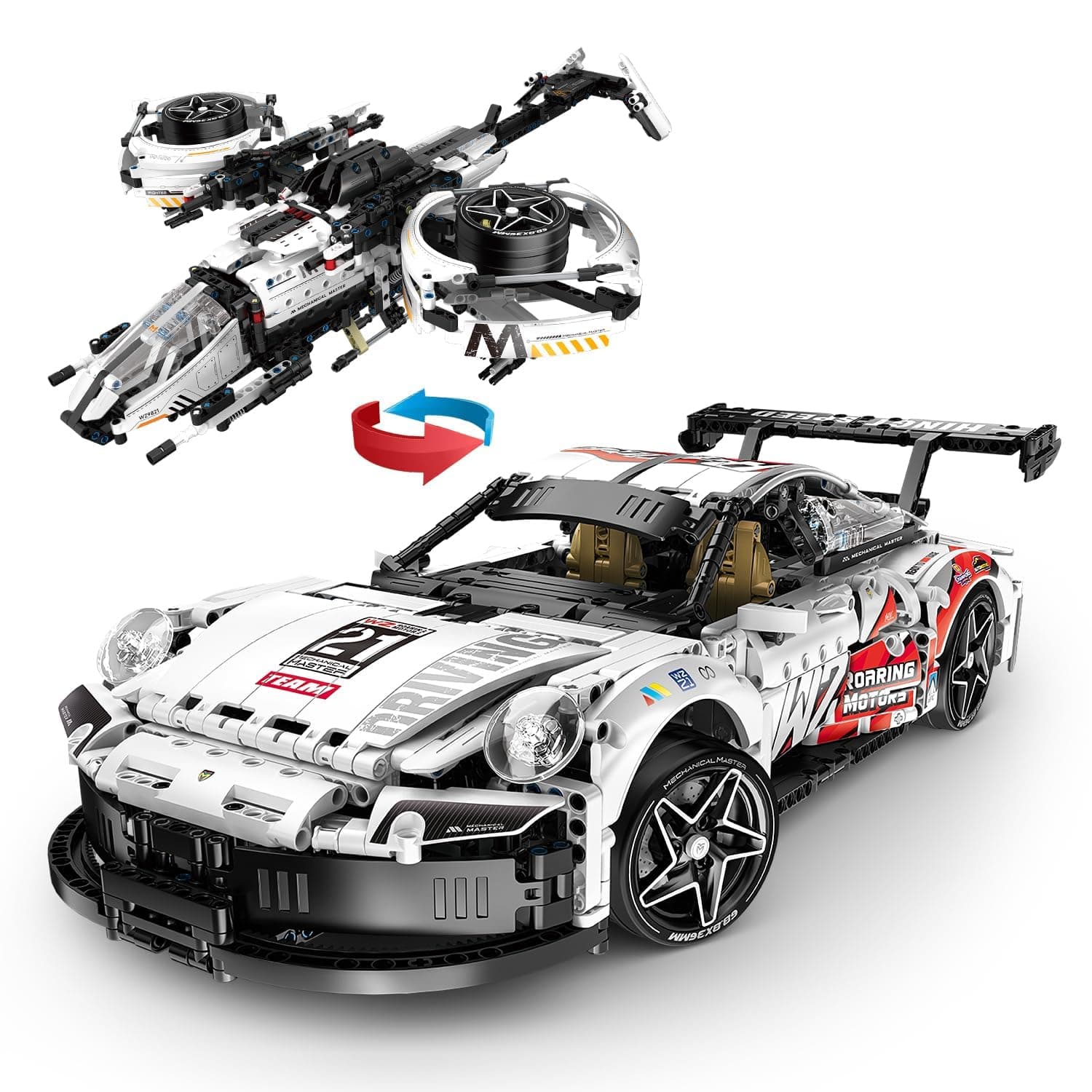 1:10 Racing Car Brick Kit, 2-in-1 Sports Car & Combat Aircraft Model, 1861 Pieces Remote Control Supercar MOC Assembly Kit for Adults & Teenagers