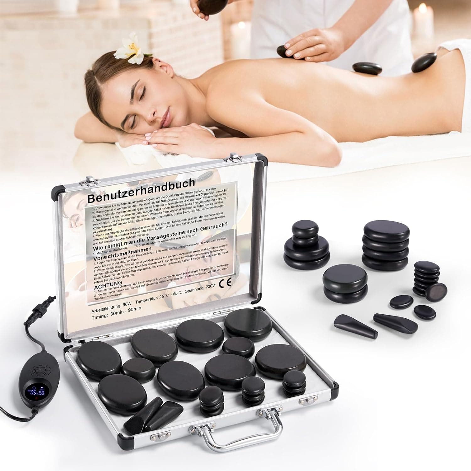 Hot Stone Massage Set, 21 Pieces Basalt Massage Stones in Warmer, Adjustable Temperature, Portable Massage Stones Set Suitable for Private Users, Ideal for Spa, Massage Therapy, Relaxation