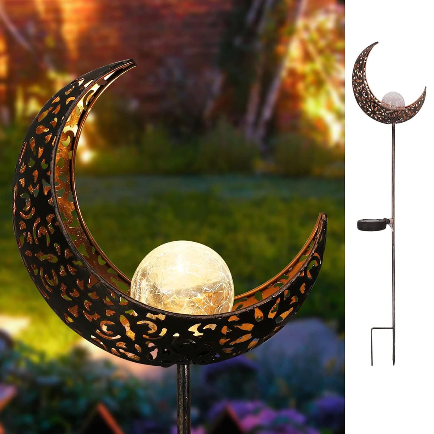 Fawoonu Gardening Solar Lights Garden Solar Path light outdoor moon cracked glass ball stake metal light, waterproof warm white LED, suitable for lawn yard or patio (Skeleton moon)