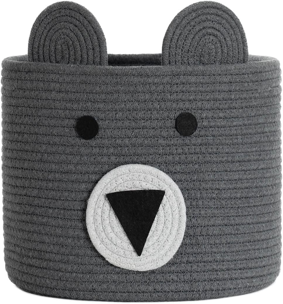 Bear Basket, Cotton Rope Basket, Woven Laundry Hamper, Toy Storage Bin for Kids, Clothes in Bedroom, Baby Nursery & Living Room, 10'' (H) x 12'' (D) (Gray Bear)