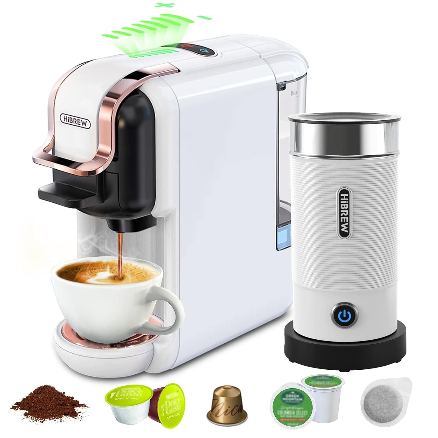 HiBREW 5-in-1 Coffee Machine and Milk Frother M1A, Adjustable Water Volume Apsules, 19 Bar Espresso Machines for Capsules, DG*/Nes*Original/Ground Coffee/Kcup*/ESE Pod Compatible, Cold/Hot Mode(White)