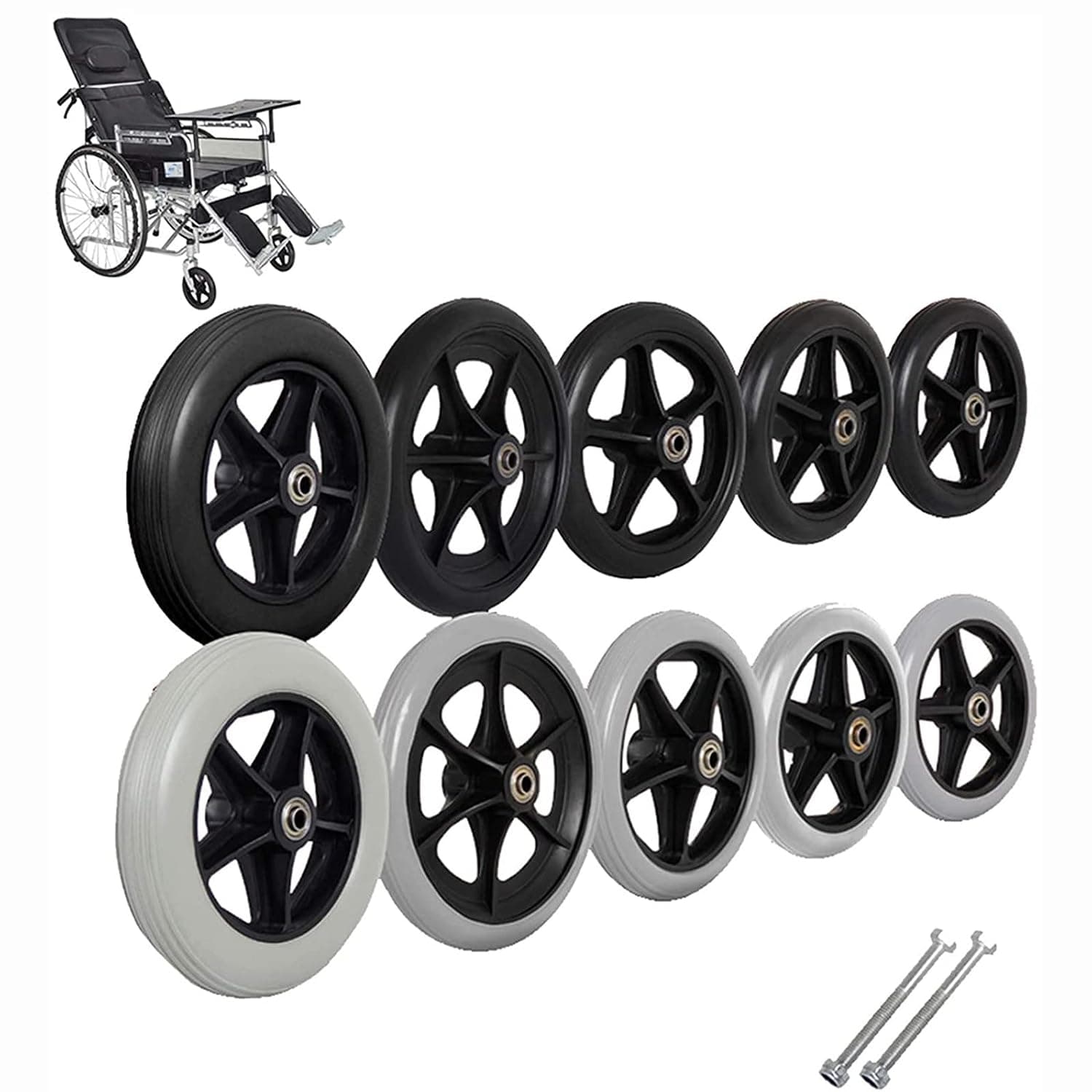 2 Pcs/Front Rear Wheelchair Casters Accessories,PVC Solid Tires,Durable and Anti-Tip, Wheel Replacement for Walker/Medical Grade Wheel Chair (Color : Black, Size : 6inch(narrow))