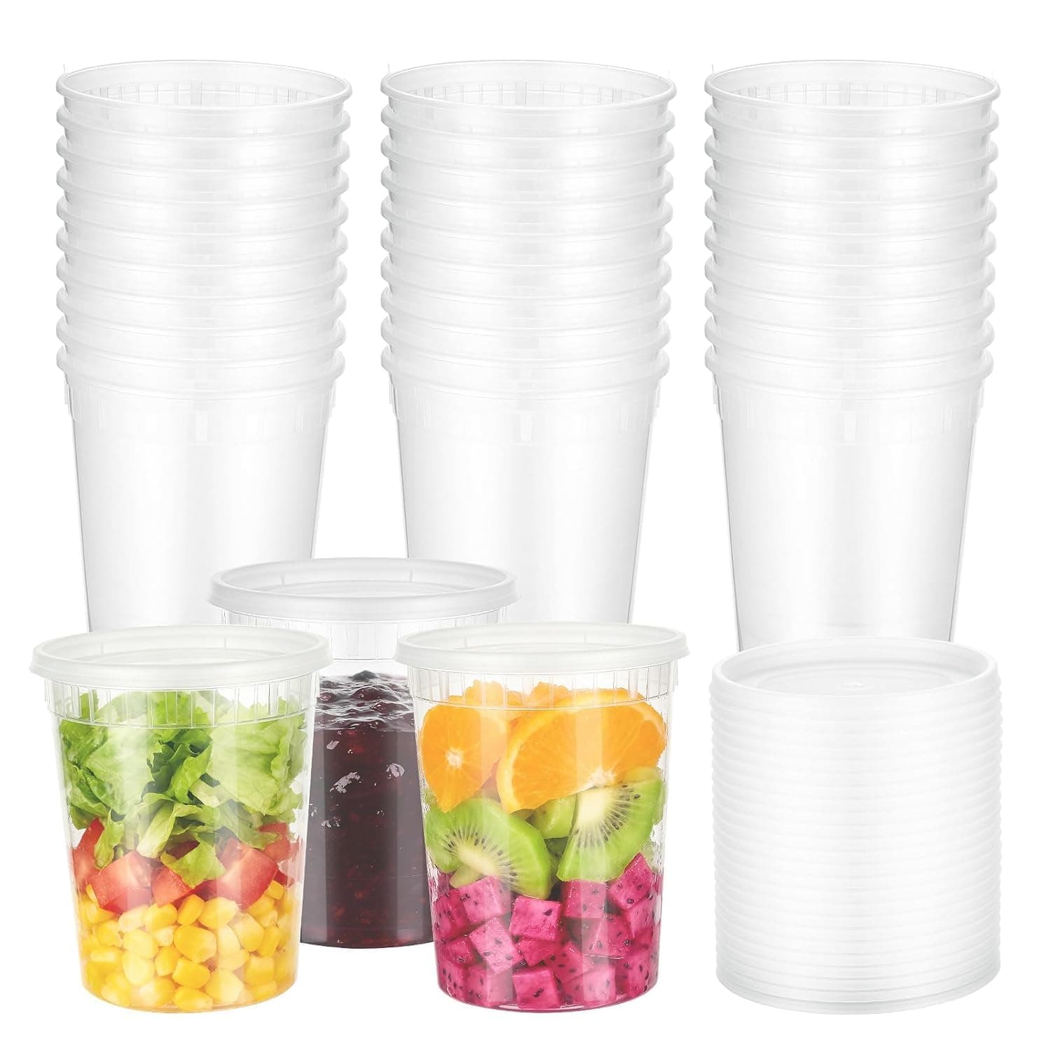 Clear Plastic Food Storage Containers with Lids, Reusable & Leakproof Meal Prep Boxes BPA-Free, Microwave & Freezer Safe Round Soup Containers, Dishwasher Friendly 24 Pack 32oz