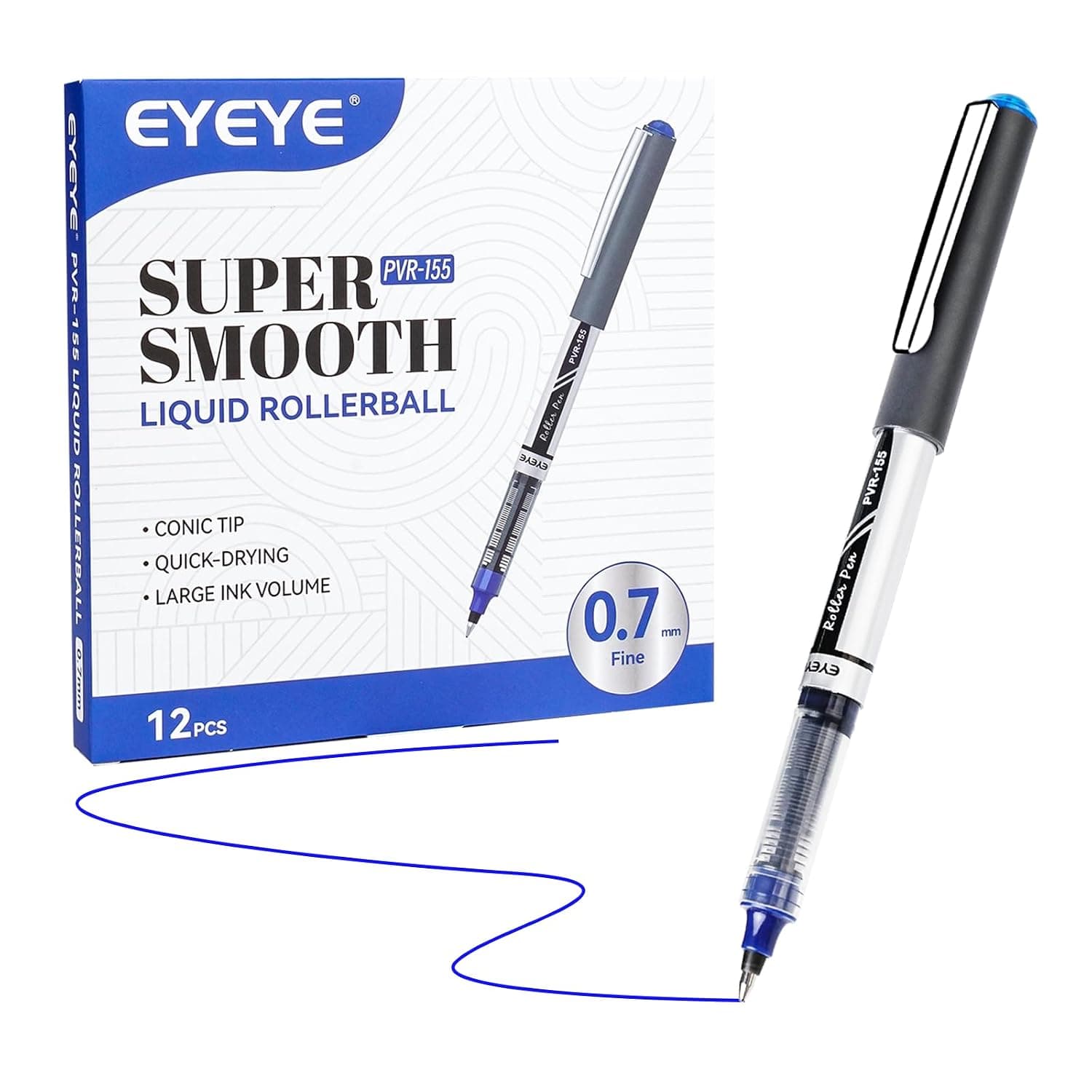 EYEYE 0.7mm Blue Pens Roller Ball, 12 Pack Medium Point Rollerball Pen Quick Dry, Liquid Ink Pens Fine Point Smooth Writing Pen for Journaling, Note Taking, Office, School Supplies