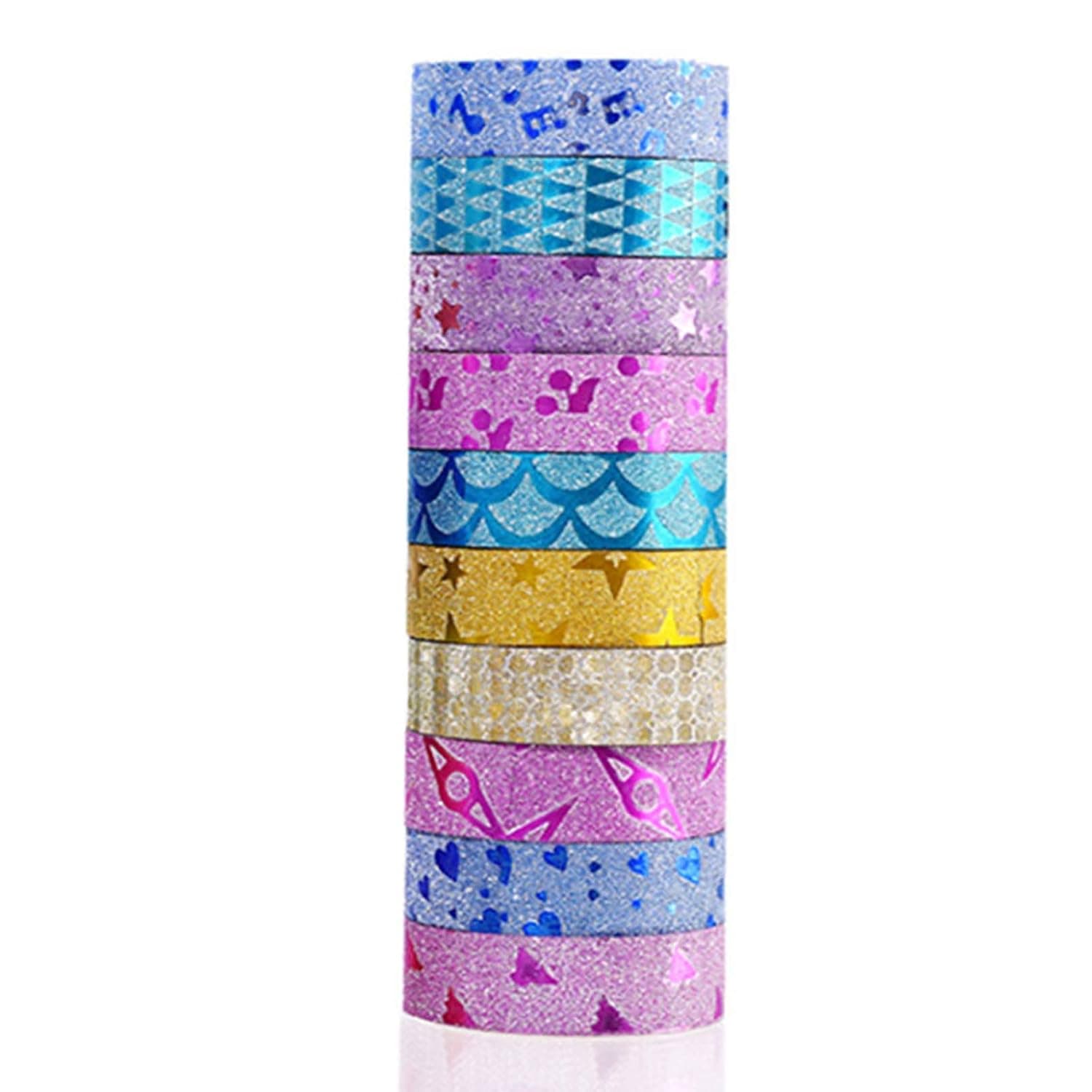 10Roll Glitter Self Adhesive Tape, Decorative Masking Tape, for Christmas Scrapbook DIY Craft Gift Wrapping Collection (1.5cmx300cm/roll, with Patterns)