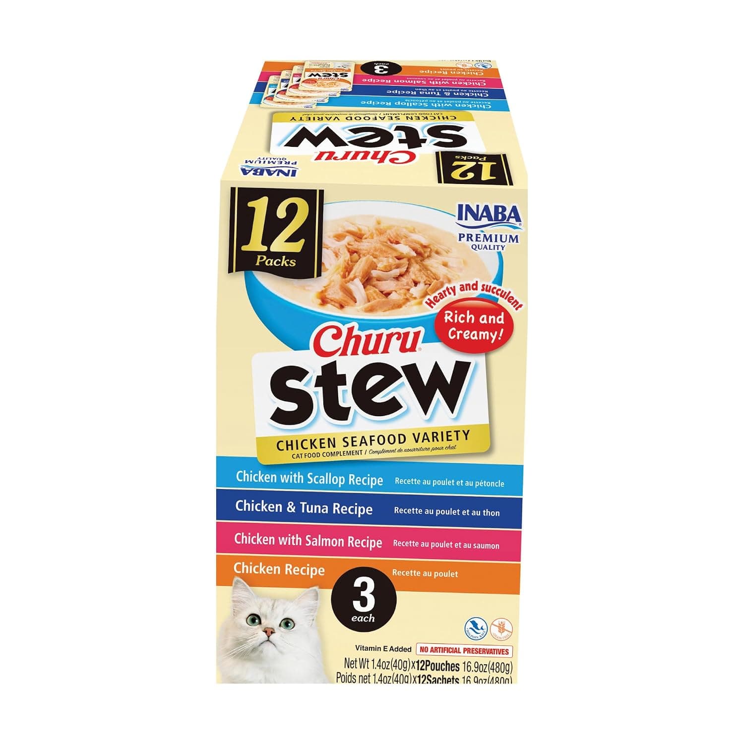 INABA Churu Stew for Cats, Side Dish Pouch with Vitamin E, 1.4 Ounces per Pouch, 12 Pouches, Chicken & Seafood Variety