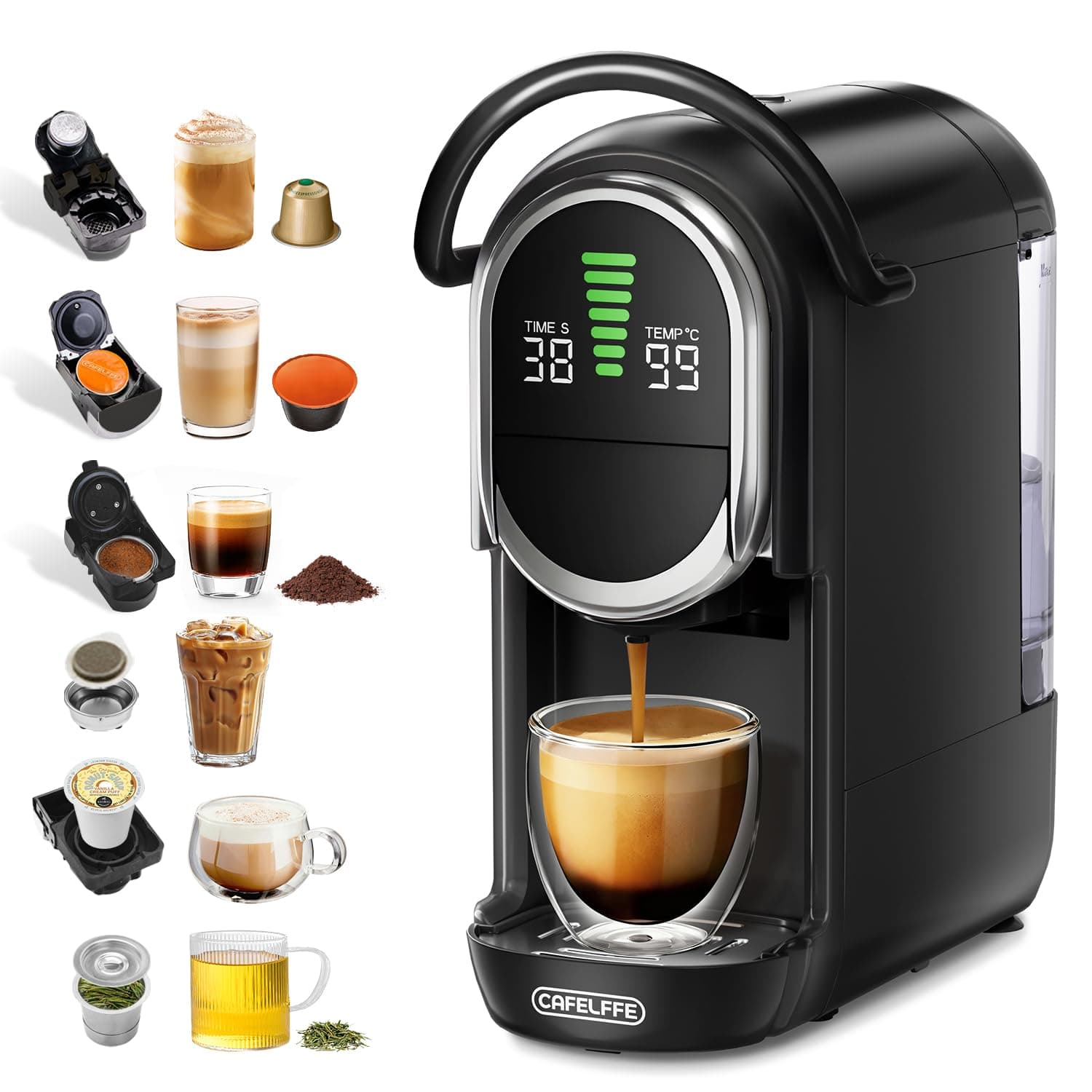 Cafelffe MK-609S 6-In-1 Capsule Coffee Machine Maker, 7 Water Size & Hot/Cold Brew, 19 Bar Espresso Machine,Nes Original/DG/ESE/K Cup Pod/Tea/Ground Compatible,1450W