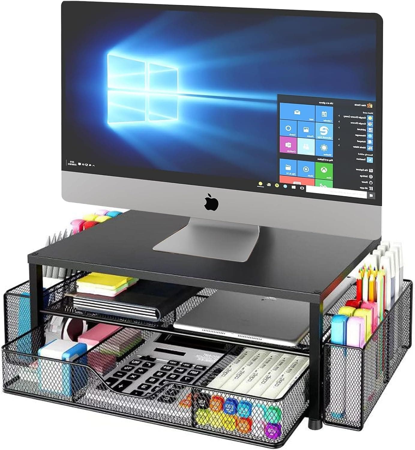 Oasisgalore Computer Monitor Stand for Desk,حامل شاشه Black Laptop Organizer with Storage Drawers Computer Desktop Stand Accessories