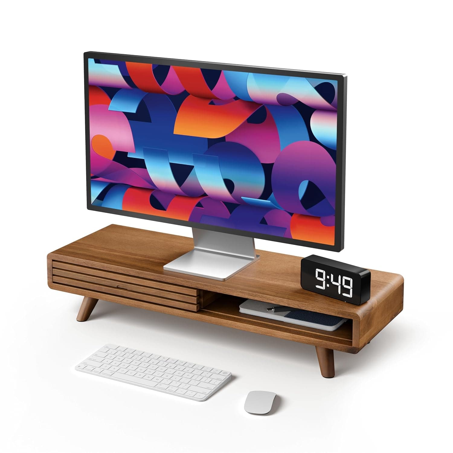 Tinamo Wooden Monitor Stand Riser - Multi-Purpose Desktop Storage with Sliding Door for Computer, Laptop, TV - Acacia Wood (24.4" x 8" x 5")
