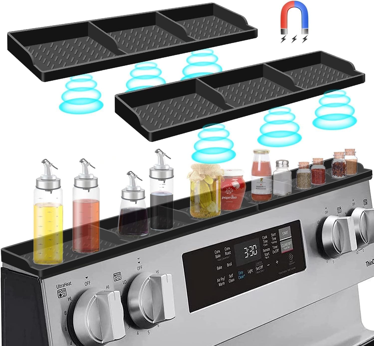 ALMEKAQUZ Stove Top Shelf 30 Inch, 2-Section Split Silicone Oven Storage Rack - Magnetic Shelf for Stove - 3 Functional Partitions Kitchen Spice Rack Organizer