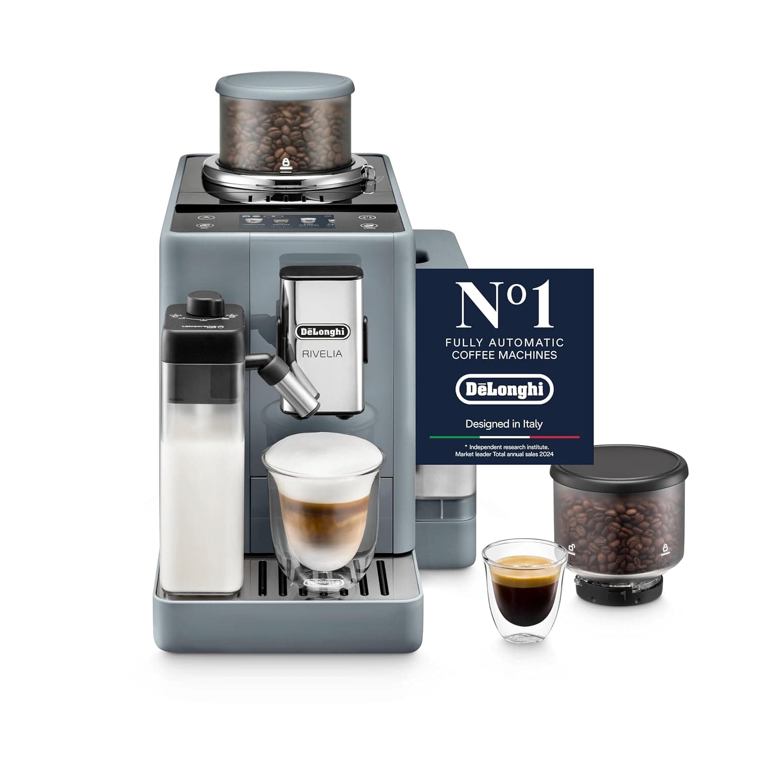 De'Longhi Rivelia Fully Automatic Coffee Machine with LatteCrema Hot, Automatic Milk Frother, Compact Size Bean to Cup Coffee Machine, 22+ Recipes, Full Touch Colored Display, EXAM440.55.B, Grey