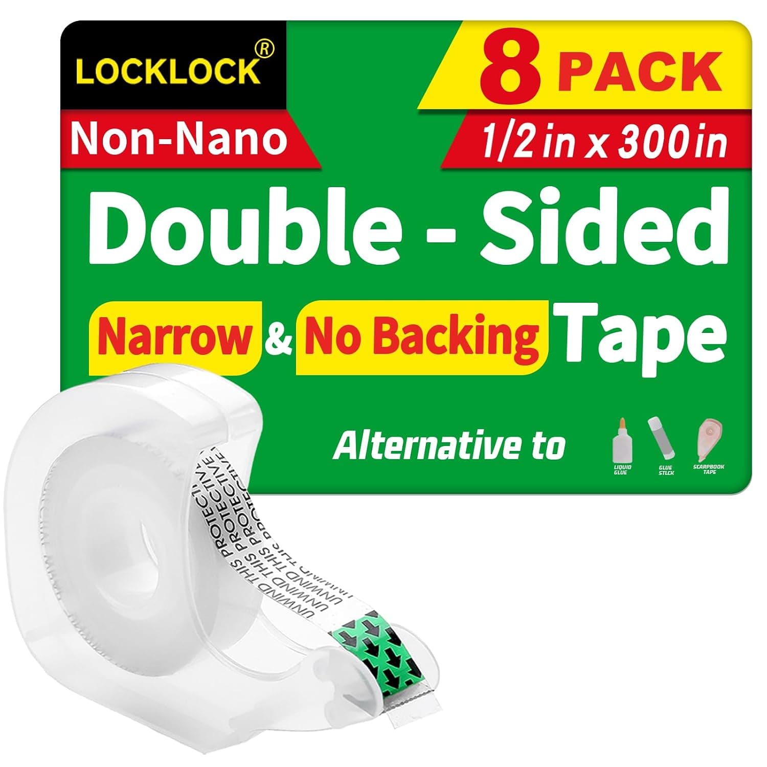 Double Sided Tape Light Duty, 8 Pack, 1/2 x 350 inches, Narrow Double Stick Tape with Dispenser for Crafts, Arts Projects, Gift Wrapping, Clear Tape Double Sided for Office and School Supplies.