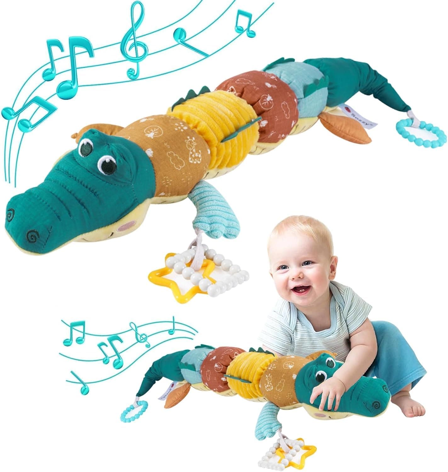 Soofam Infant Baby Musical Crocodile Plush Toys, Stuffed Animal Activity Soft Toys with Multi-Sensory Crinkle, Baby Teething Toys, Rattle and Textures, for Tummy Time Newborn 0-3-6-12 Months Baby Toys