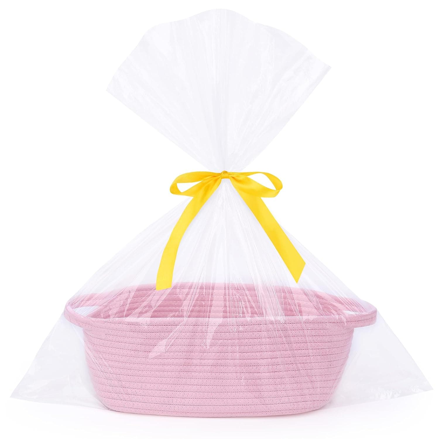 Gift Basket Empty with Handles, 30x20x12cm - Small Cute Woven Rope Basket for Baby Nursery, Kids Toys - Includes Gift Bag & Ribbon, Perfect for Wedding, Baby Birthday Gifting (Pink, 1PC)