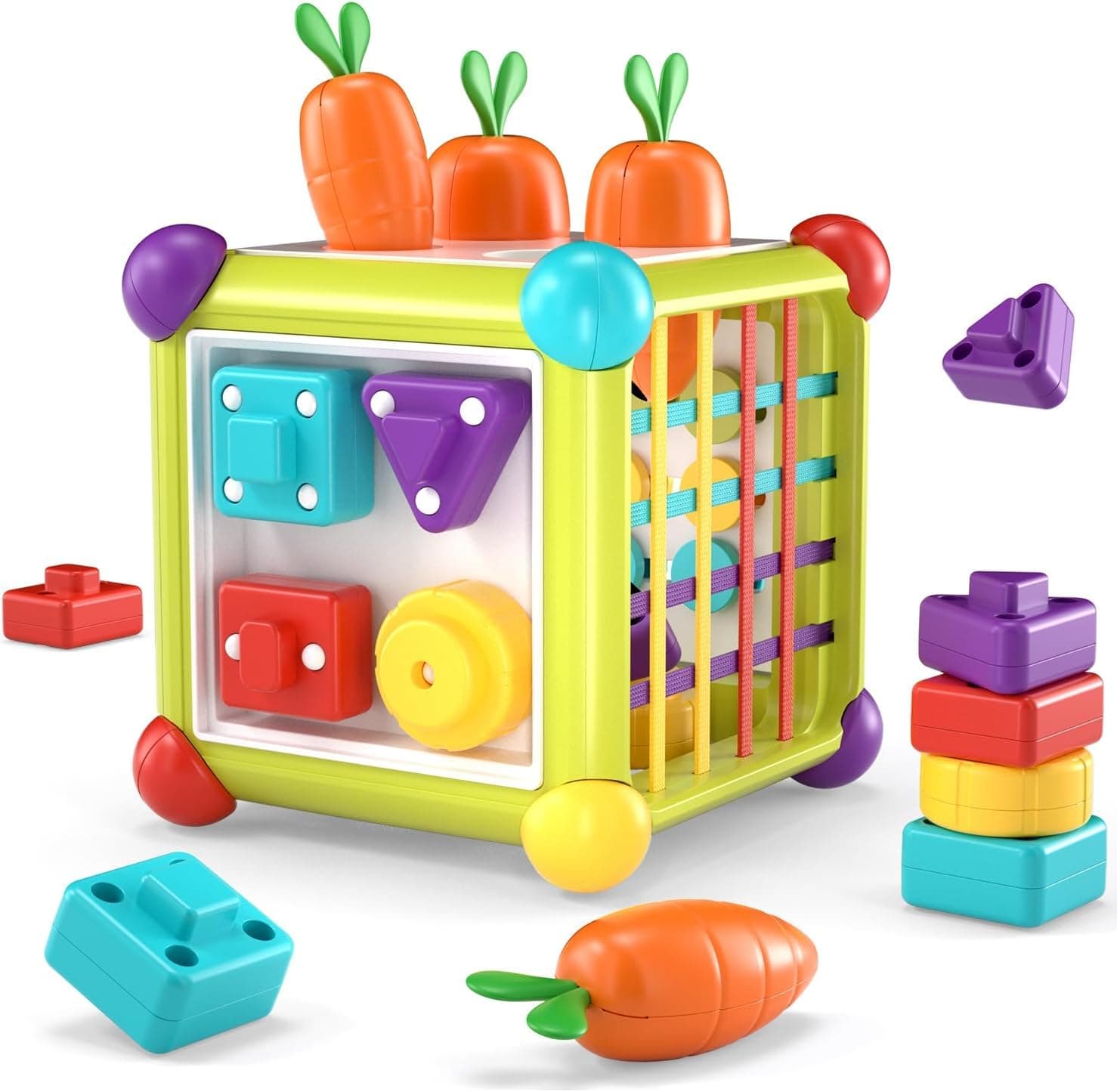 Soofam Baby Shape Sorting Toy, Activity Cube for Toddlers 1-3,Carrot Montessori Toy Harvest Game,Toddler Shape Sorter Stacking Learning Toys,Multifunction Educational Toys for Ages 12 Months+