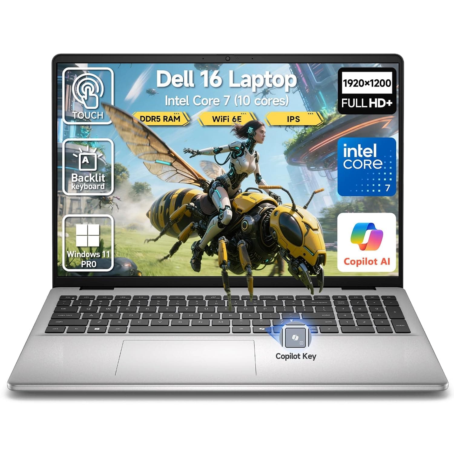 MKY ITECH Dell 16 Touchscreen Laptop Computer, 16" FHD+ Touch Screen Business Laptop PC, Intel Core 7 (Beat i7-1355U, 10-Core), 32GB DDR5 2TB SSD, Windows 11 Pro, Backlit KB, Fingerprint,Wi-Fi 6E