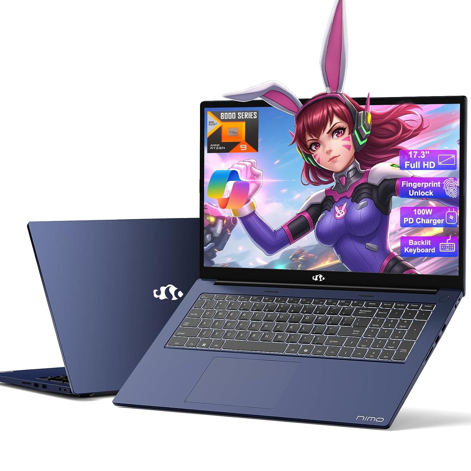 NIMO 17.3” Business-Laptop Ryzen 9 8945HS, 32GB RAM 1TB SSD, Radeon 780M, 54W Max TDP, 75Wh Battery, USB-C 4.0, PD 100W, Backlit Keyboard, Fingerprint Unlock, FHD Laptop for Gaming Student Office