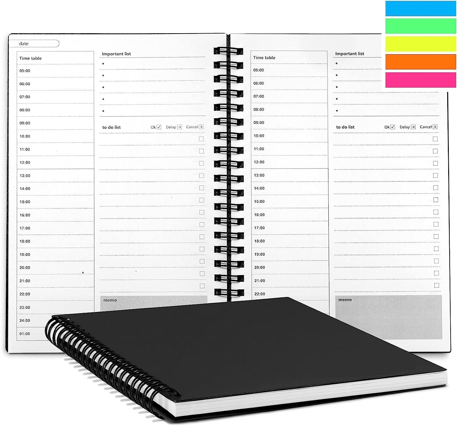 Daily Planner Notepad, Undated Hourly Planner 100 Pages, To Do List Notebook, Appointments, Notes, Time Organizing with Colorful Sticky Index Tabs (5.2 x 7.5”, Black)