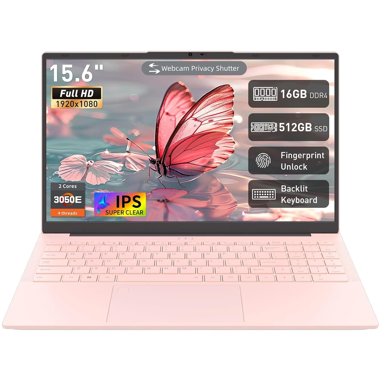 Auusda 15.6" FHD Laptop, Athlon Silver 3050E Processor, 16GB DDR4 RAM, 512GB SSD, WiFi 5/ USB 3.0/ Type-C/HDMI, Win 11 Pro, IPS Thin and Light Computer Notebook for Work, Study and Entertainment, Pink