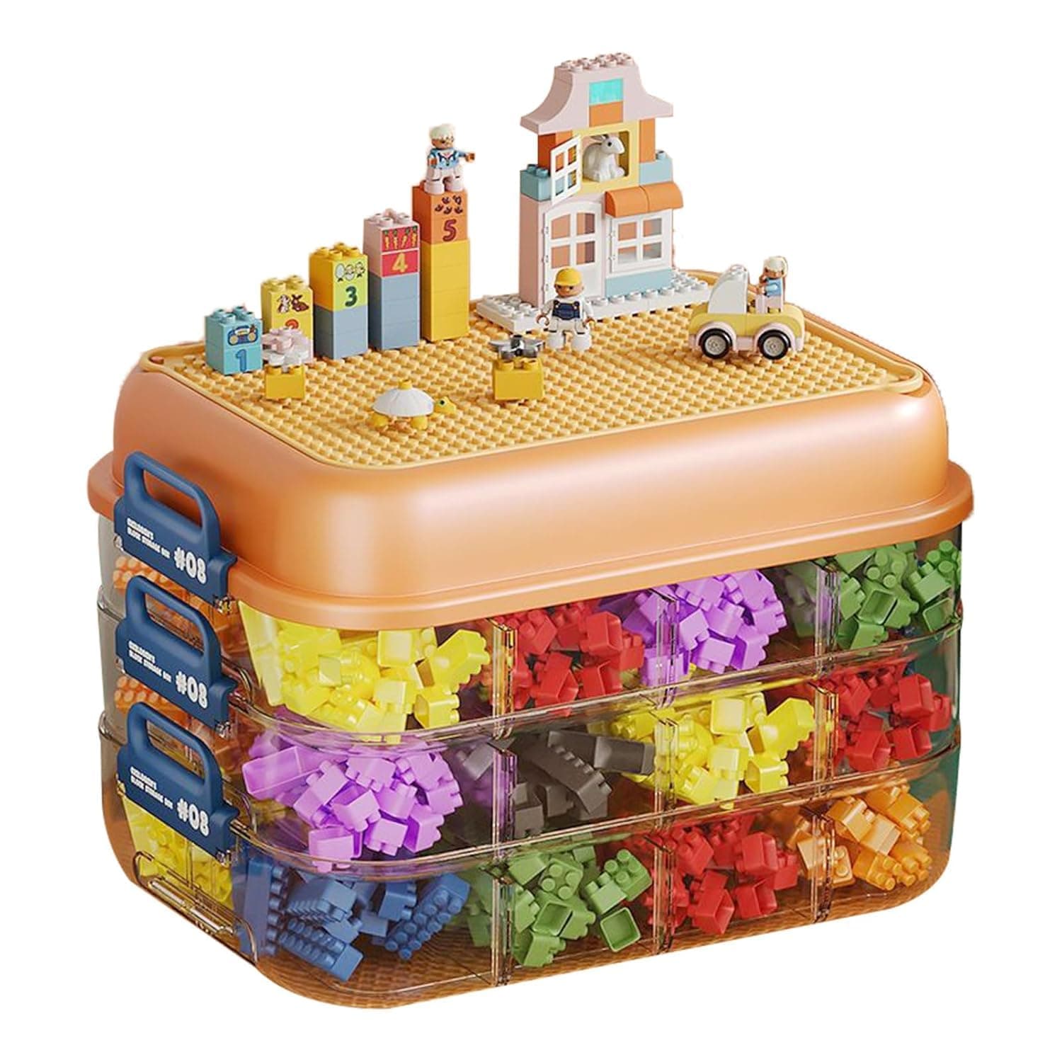 Durku Toys Storage Organizer Box for Building Blocks, Stackable Plastic Toy Storage Container with Building Plate Lid and Removable Tray, 3-Layer Kids Organizer Bins (Orange)