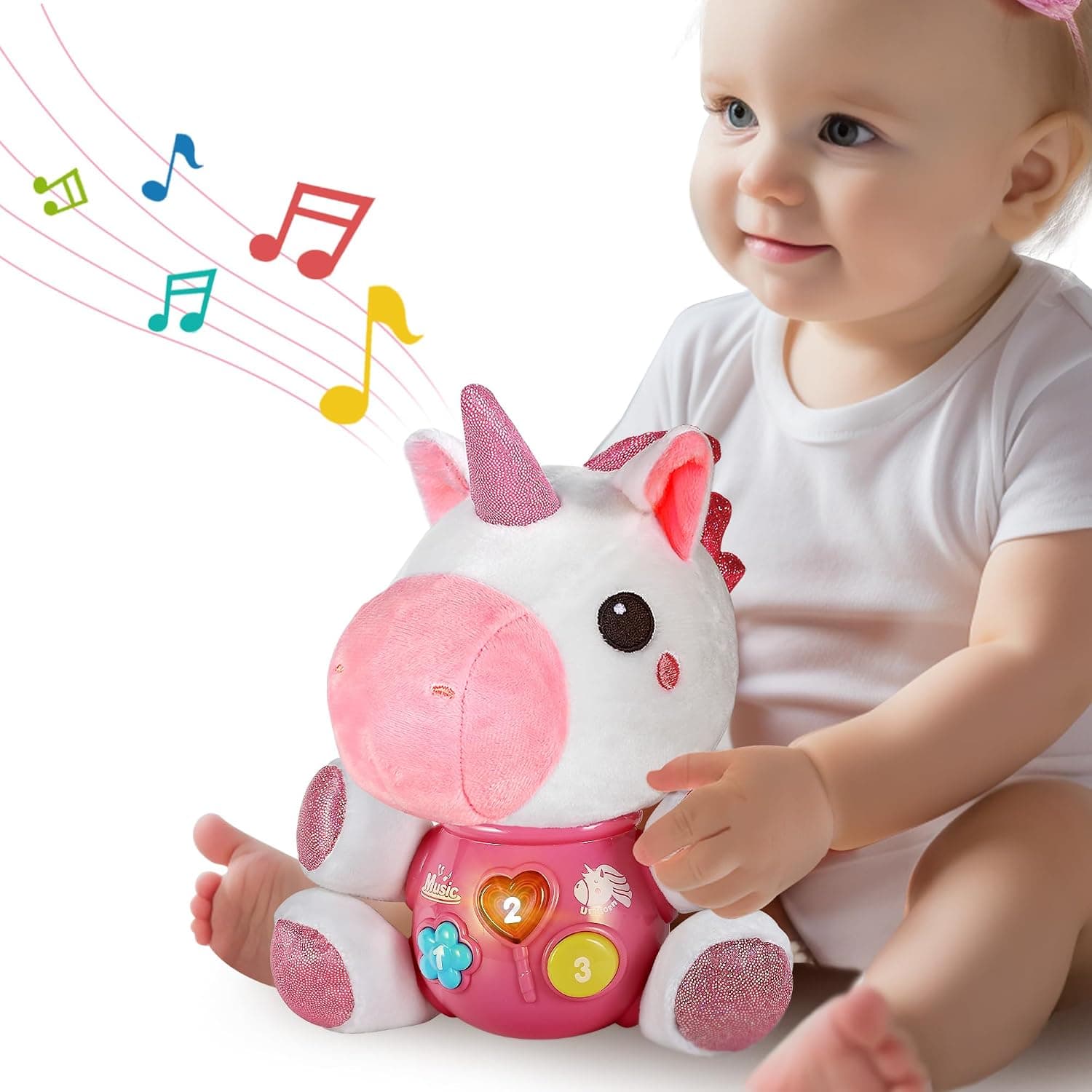 iPlay, iLearn Baby Unicorn Musical Toys, Newborn Girls Gift, Soft Unicorn Plush Stuffed Animal, Infant Light Music Time, 1st Easter Basket Shower Stuffers for 0 1 2 3 6 9 12 18 Month 1-3 Yrs Toddlers