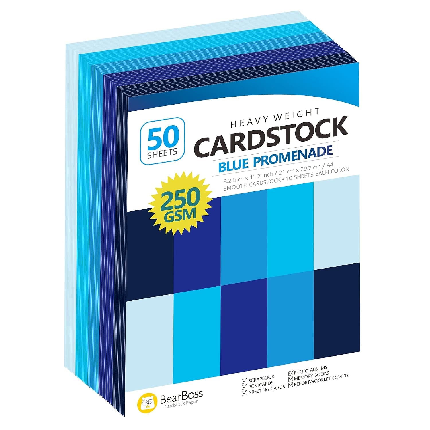 Blue Cardstock Paper 8.5 x 11 inch - 92lb. / 250 GSM Cover - 50 Sheets Hearvyweight Smooth Paper Pad Craft for Gift Wrapping Birthday Arts Craft Project DIY Decoration Scrapbook 5 Assorted Colors
