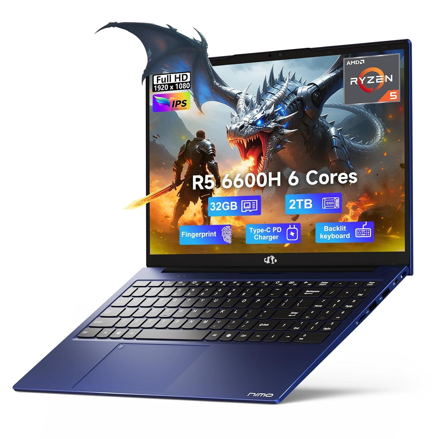 NIMO 15.6 FHD-Business-Gaming-Laptop, 6-Cores 660M GPU, AMD Ryzen 5 6600H 32GB DDR5 2TB SSD (Beat i7-1165G7, Up to 4.5GHz) IPS Laptop Computer with 100W Type C Fingerprint Backlit Keyboard