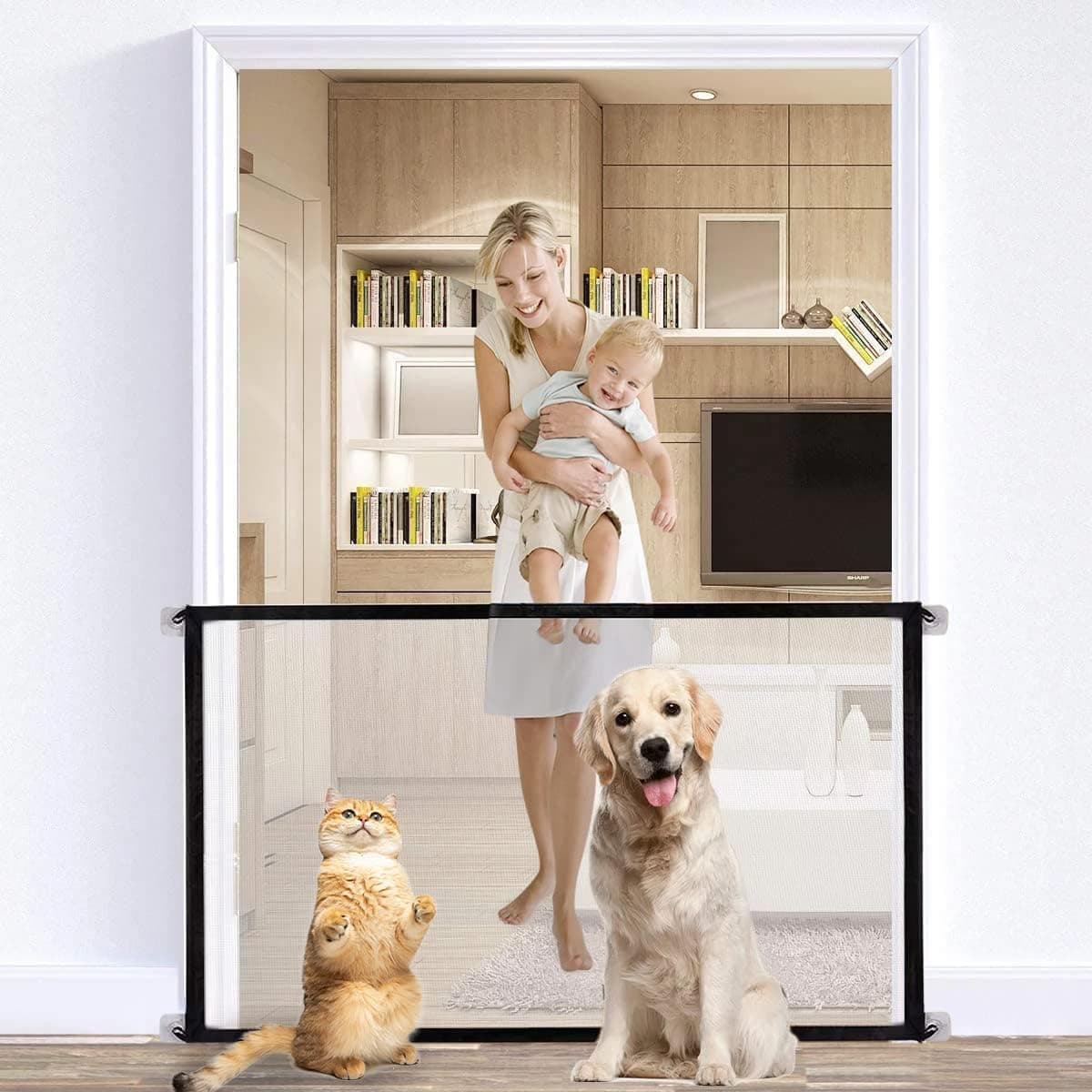 Portable Mesh 𝐁𝐚𝐛𝐲 𝐆𝐚𝐭𝐞, Tazweeq Black Mesh Magic Pet Dog Gate for Stairs, Doorways, Hallways, Easy-Install Child's Safety Gates, Folding for Indoor and Outdoor, 180cm*72cm