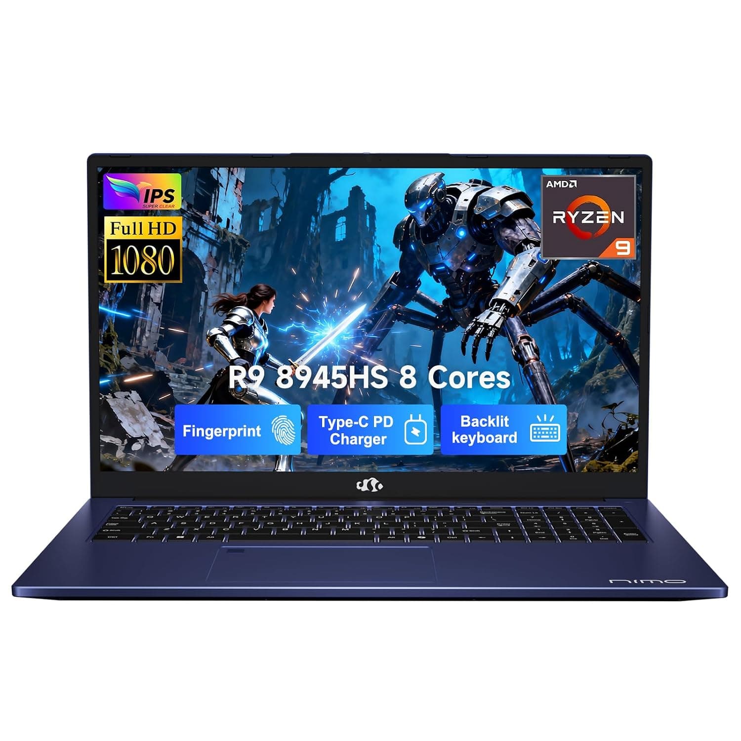 NIMO 17.3 Gaming-Laptop Ryzen 9 8945HS (Beat i9-13900H, Up to 5.2GHz) 32GB RAM, 1TB SSD, Radeon 780M, PD 100W Type-C AI-Enhanced for Copilot VR Ready, Backlit Keyboard, Fingerprint