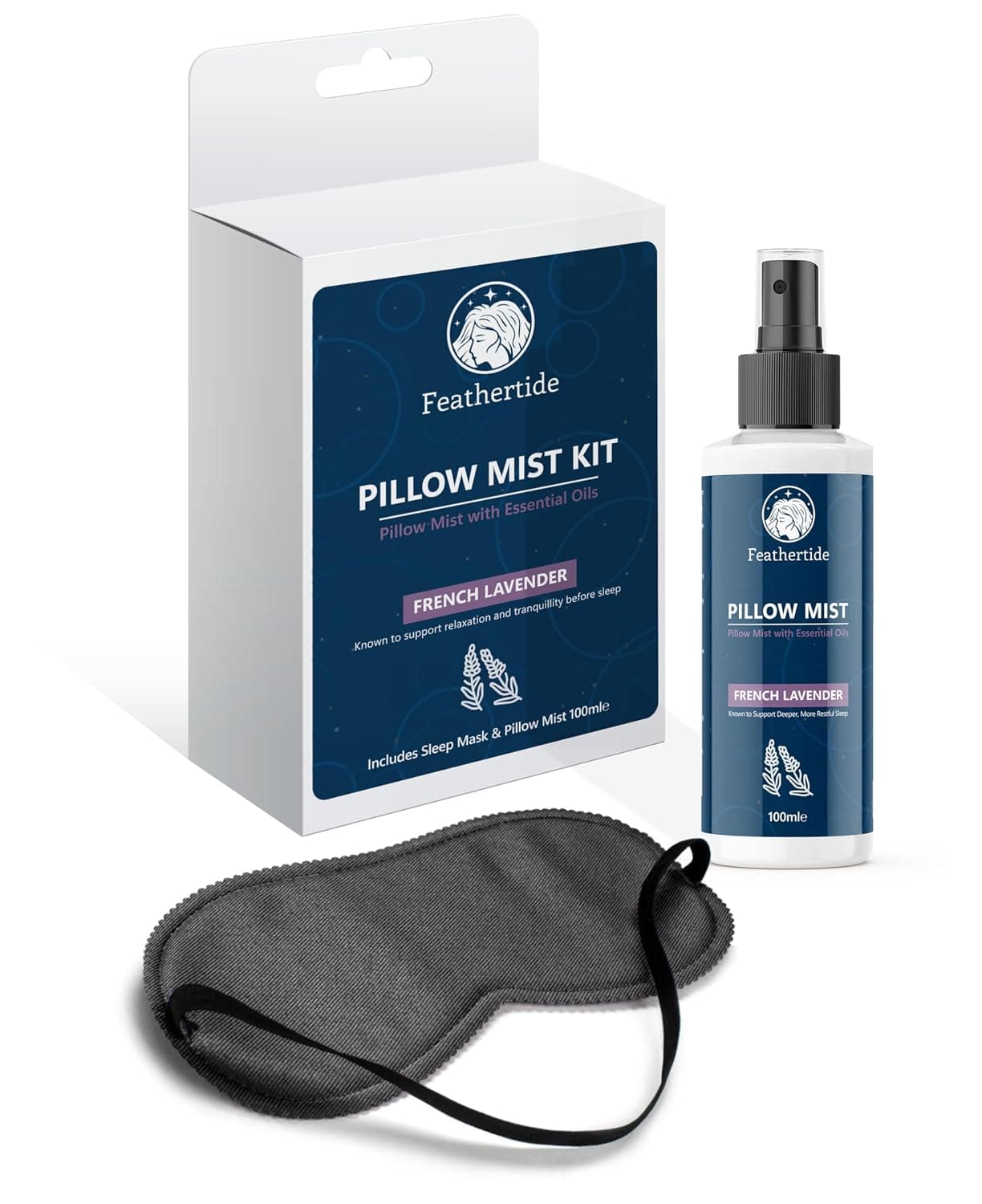 Lavender Pillow Spray with Mask, 100ml - Relaxation Mist with Comfortable Sleep Mask, Calming Essential Oil Spray for Bedtime and Travel