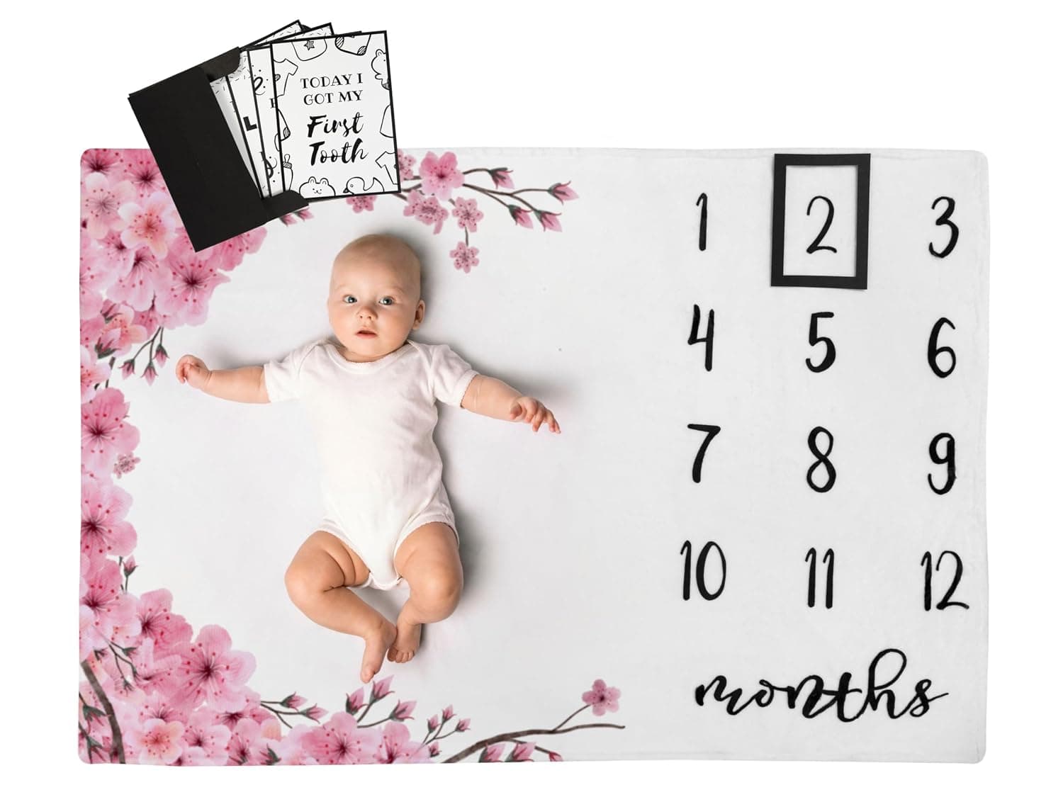 Henry Hunter Baby Milestone Blanket for Baby Monthly Milestone with Frame & Memory Cards | Photography Milestone Blanket for Baby Girl | Premium Cotton Fleece | 30" x 40" (Cherry Blossoms)