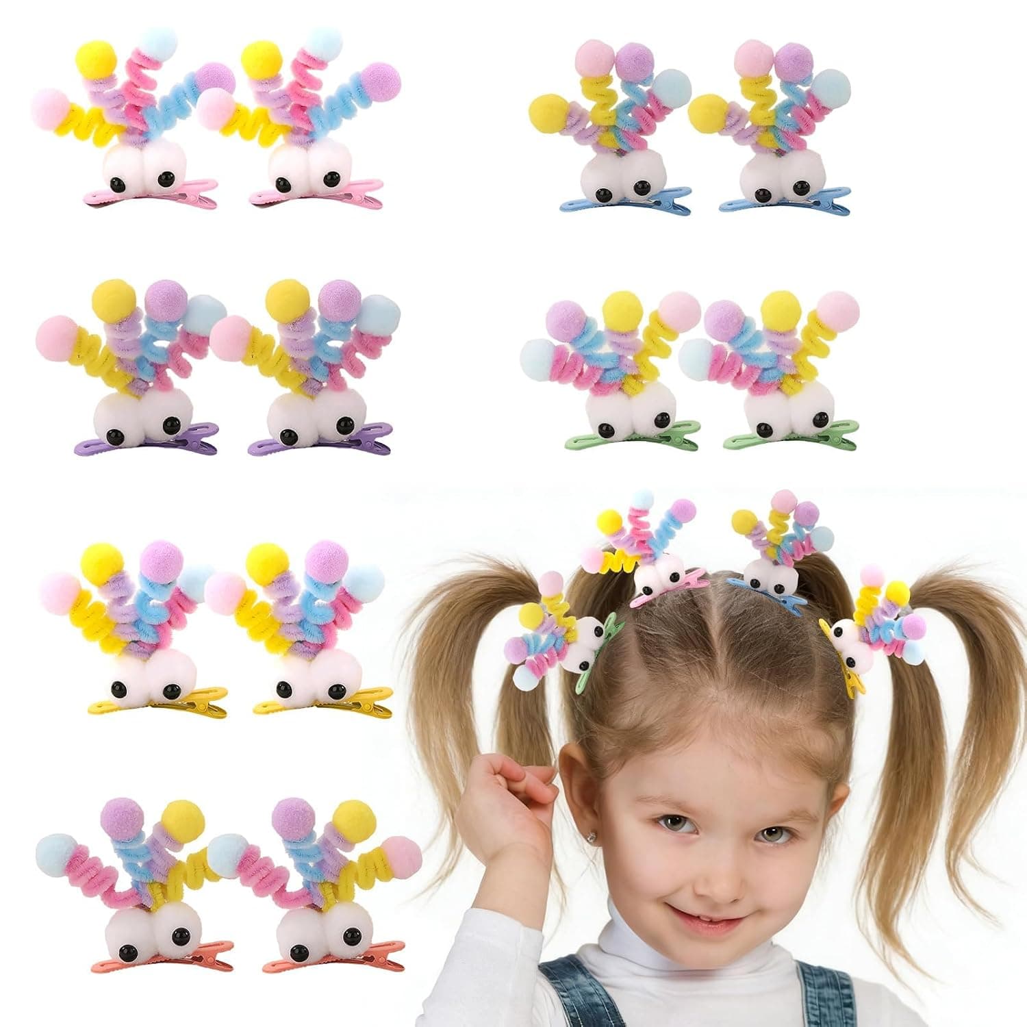 Fluffy Pom Poms Hair Clips, Crazy Hair Day Accessories for Girls, Quirky Little Monster Barrettes, Plush Duckbill Hairpins, Party Modeling Hair Accessory, 6 Colors, 6 Pairs, Cute Gift for Kids