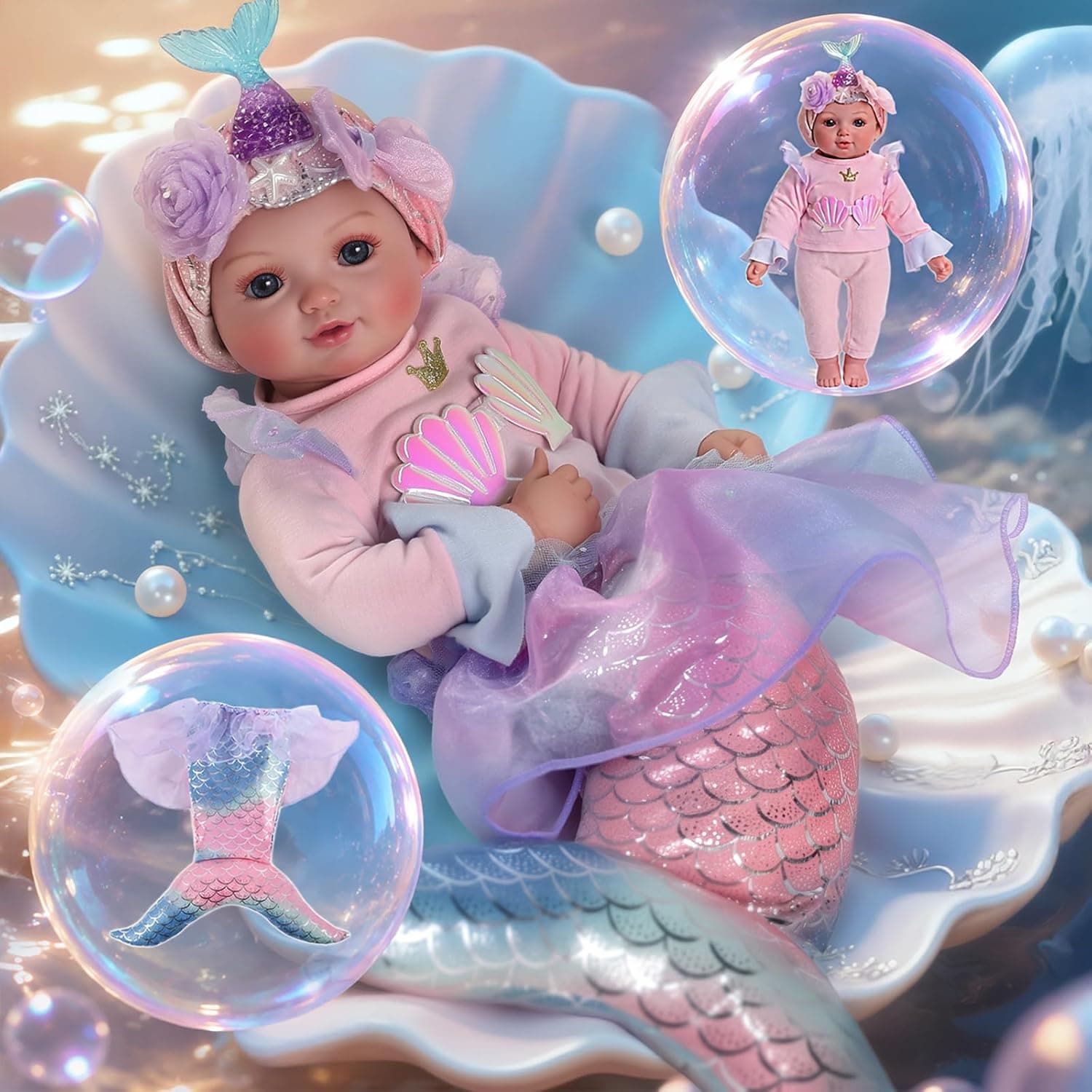 BABESIDE 15 Inch Mermaid Baby Doll Girl with Removable Tail and Accessories | Realistic Soft Mermaid Toy, Cuddly Cloth Body, Poseable Limbs, Dress-Up Play, Birthday and Christmas Gift for Girls Ages 3+