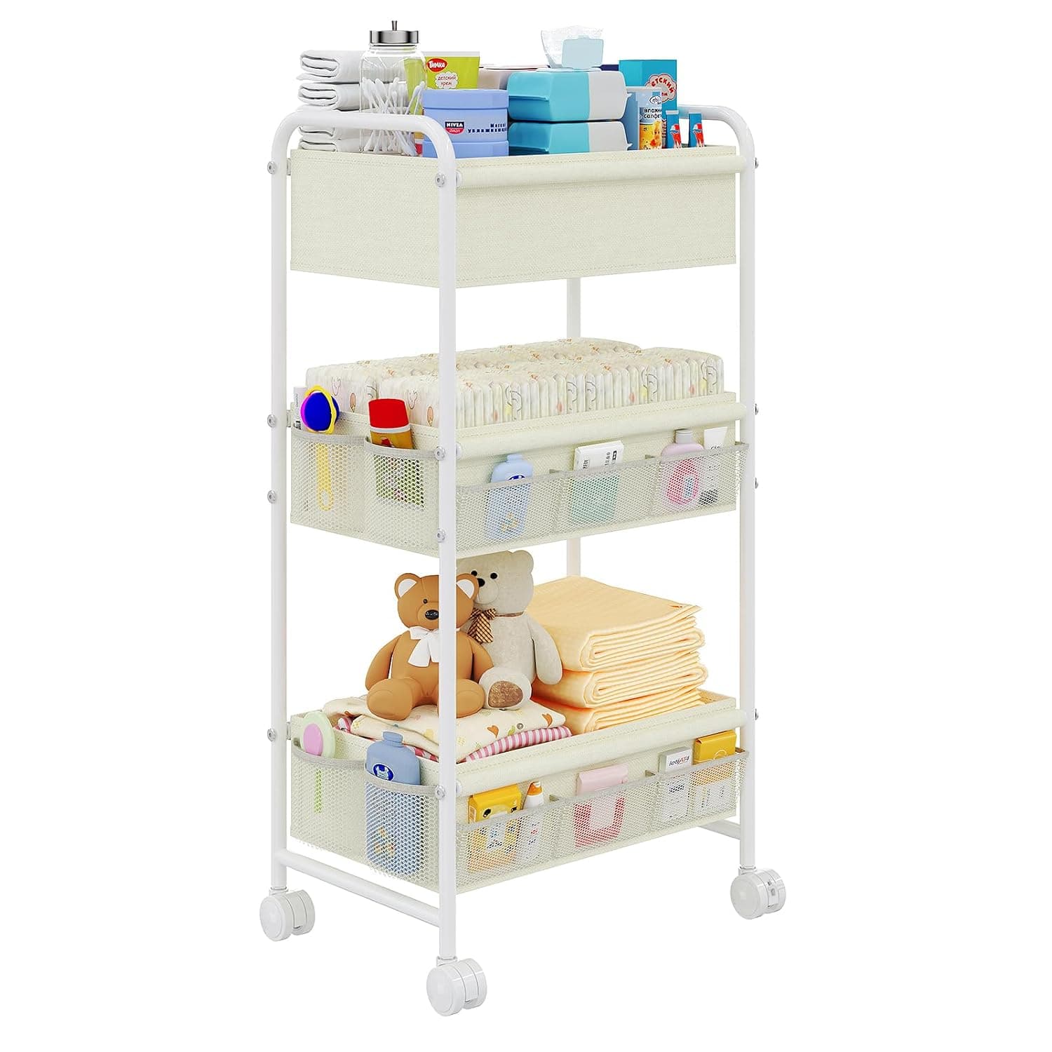 3-Tier Baby Diaper Caddy Cart Organizer,Mobile Nursery Storage Cart with Wheels,With 2 Dividers & 14 Mesh Pockets Durable Metal Utility Cart for Nursery, Bedroom, Bathroom Essentials Organization