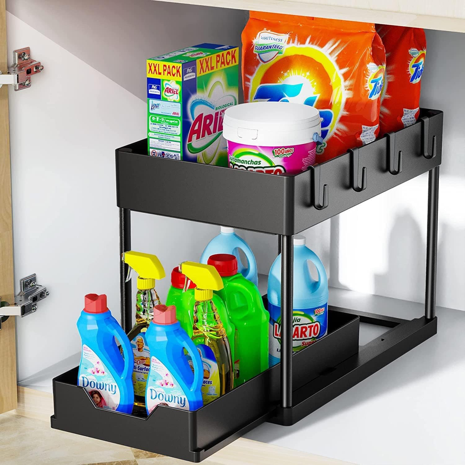 2 Tier Under Cabinet Sliding Basket Organizer, Multi-Purpose Storage Shelf for Kitchen, Bathroom, Office - Black Under Sink Organizer