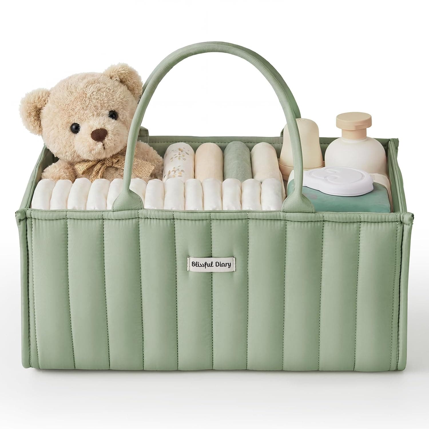 Blissful Diary Baby Diaper Caddy Organizer, Stylish Nursery Storage Basket - Gift for Baby Shower, Baby Registry Must Have, Newborn Essentials - Baby Caddy Organizer for Diaper Station - Sage Green