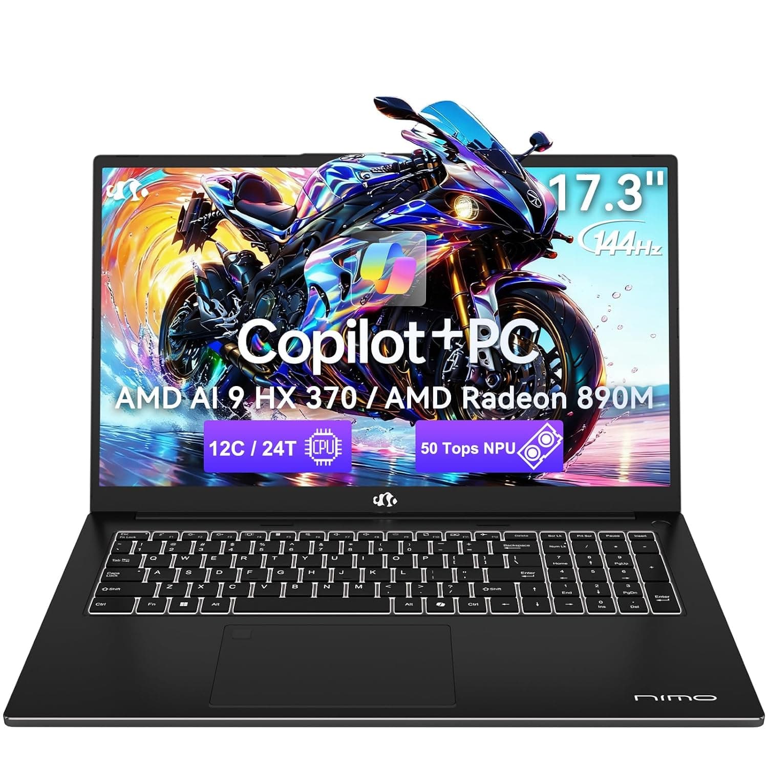 NIMO 17.3" AI Laptop, Ryzen AI 9 HX 370(50 TOPS NPU), Radeon 890M, 64GB RAM 2TB SSD, DDR5, 144Hz, PD 100W USB-C 4.0, Copilot+ PC AI Laptop with Wi-Fi 6E for Working Business Student