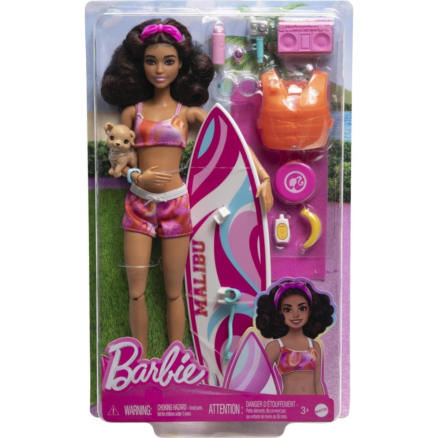 Barbie Doll with surfboard and puppy, moveable Barbie beach doll, brunette, with accompanying accessories, such as a towel and stereo HPL69