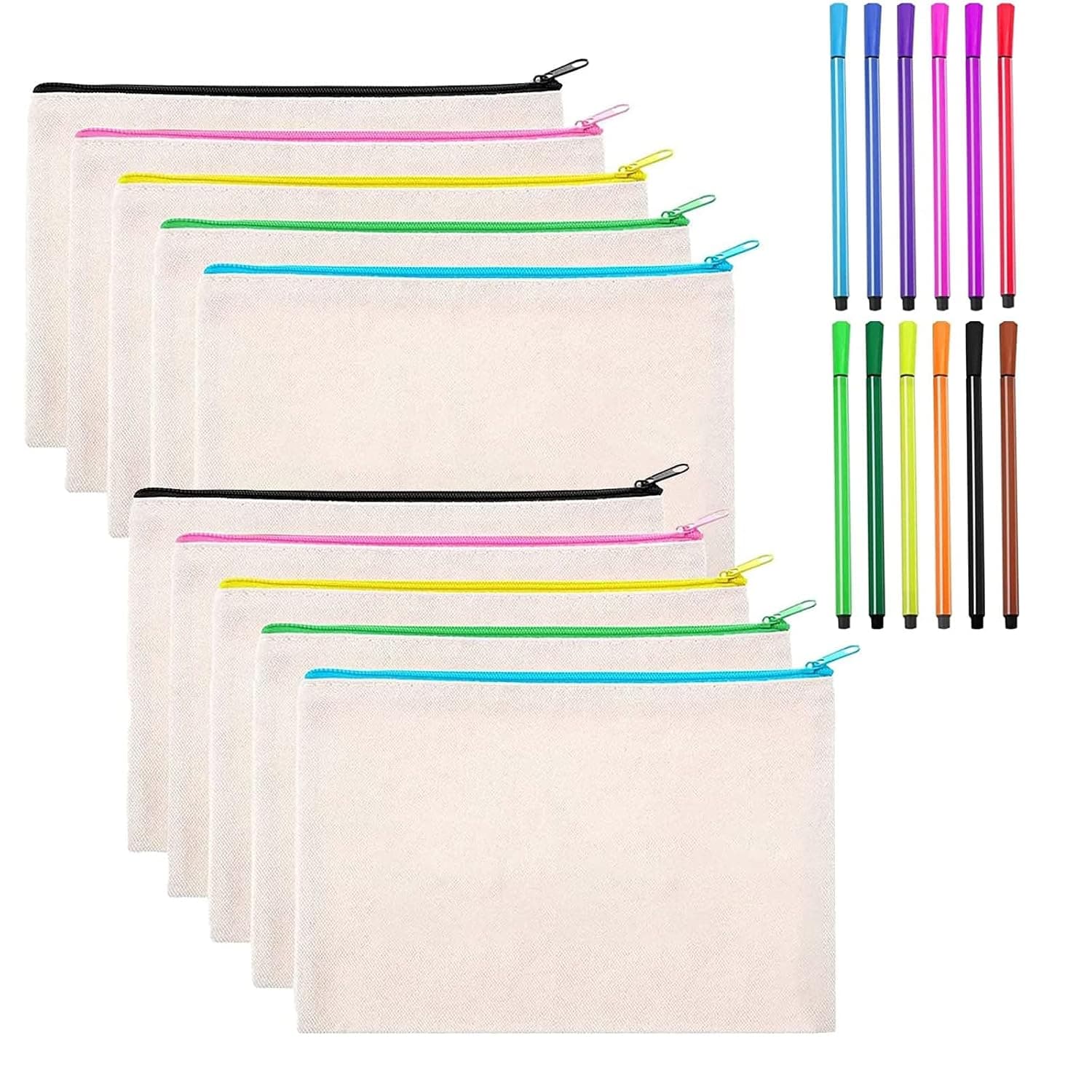 M&J DELEE DIY Craft Bag,DIY Blank Fabric Bag,Canvas Zipper Pouch Bags,Travel Toiletry Bag,Suitable for Children to Paint DIY,Cosmetic Bags with Zip(10 pieces pack + 12 pens)