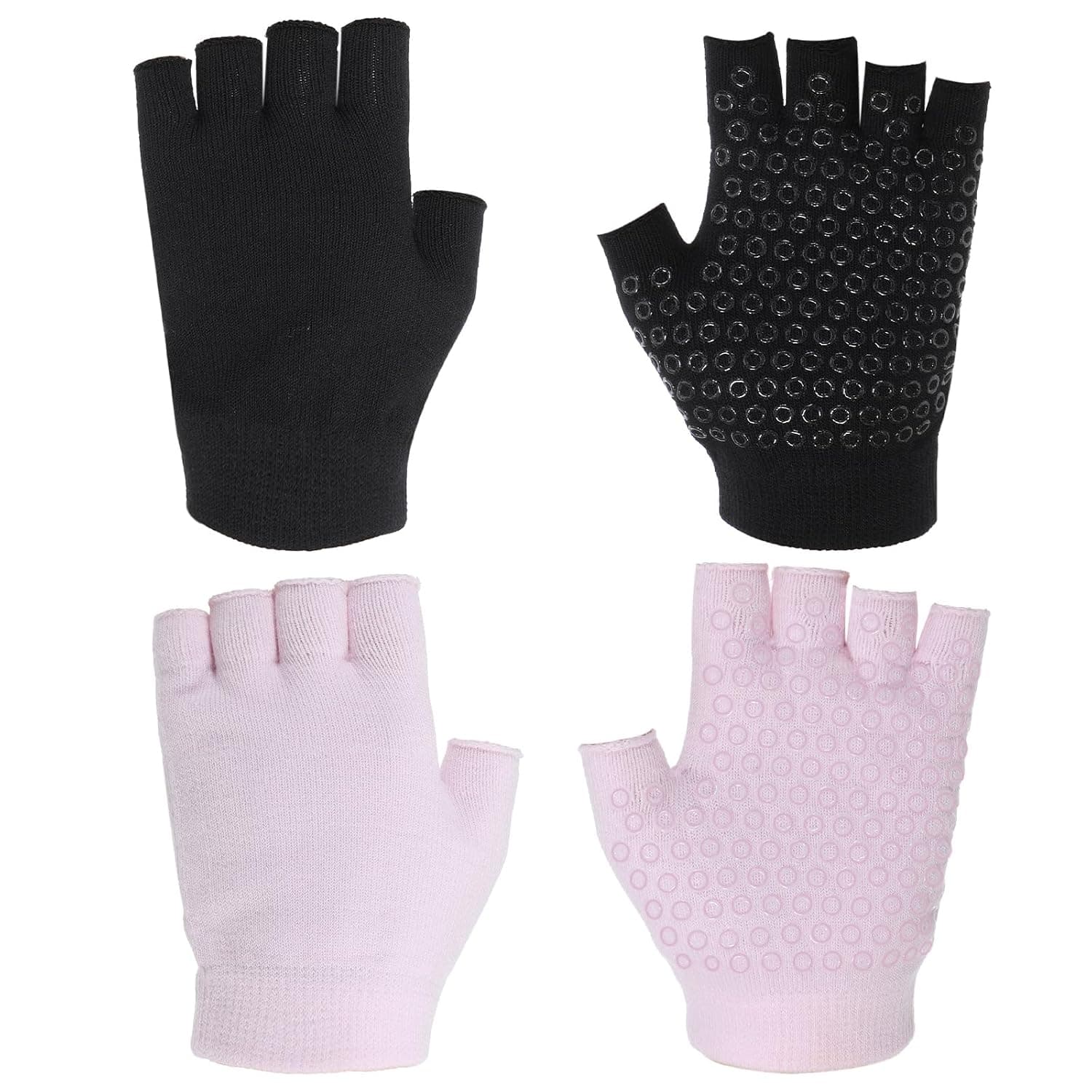 2 Packs Non Slip Fingerless Yoga Gloves, Fingerless Pilates Gloves with Grips Silicone Dots Pilates Glove Exercise Workout Glove for Yoga Fitness Workout Sports Exercise Gym (Black, Pink)