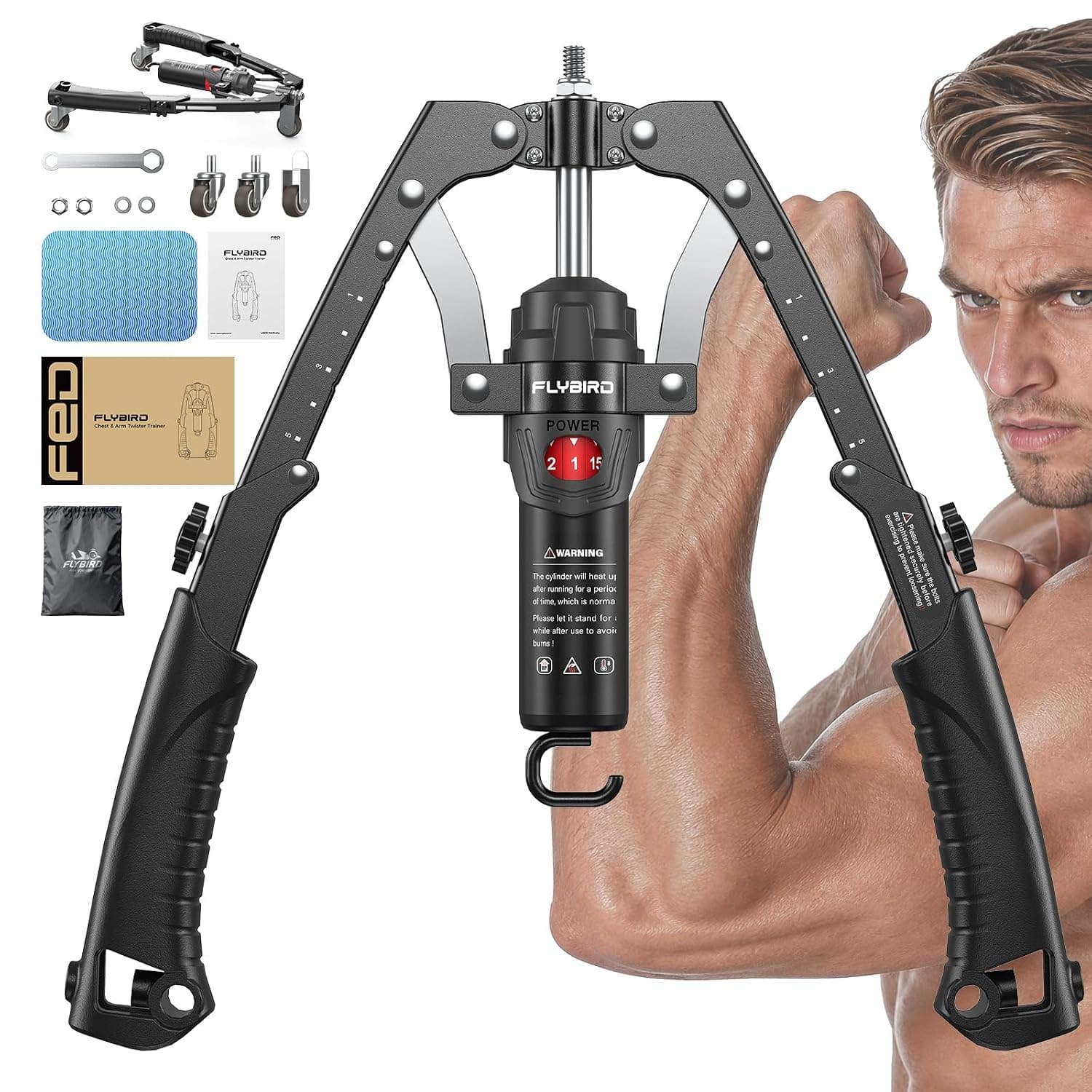 FEIERDUN FLYBIRD Twister Arm Trainer, Hydraulic Power Core Twister Chest Workout Equipment, Adjustable 22-440LBS Chest Trainer, 3 in 1 Chest and Arm Exerciser with Ab Roller Wheel