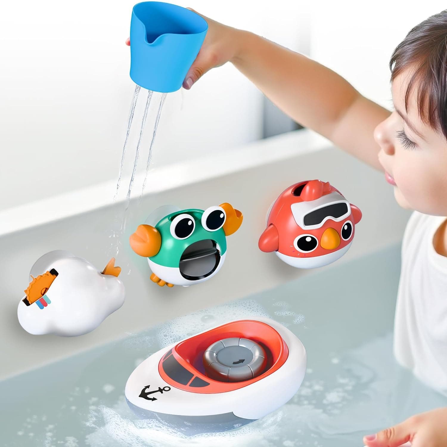 Baby Bath Toy for Toddlers 1-3, Kids Bathtub Water Toy Set 6 8 9 12 Month W/Shower Cup, Crab, Bird, Cloud & Wind Up Boat, Infant Fun Summer Pool Birthday Gift 2 3 4 Year Old Boys Girls