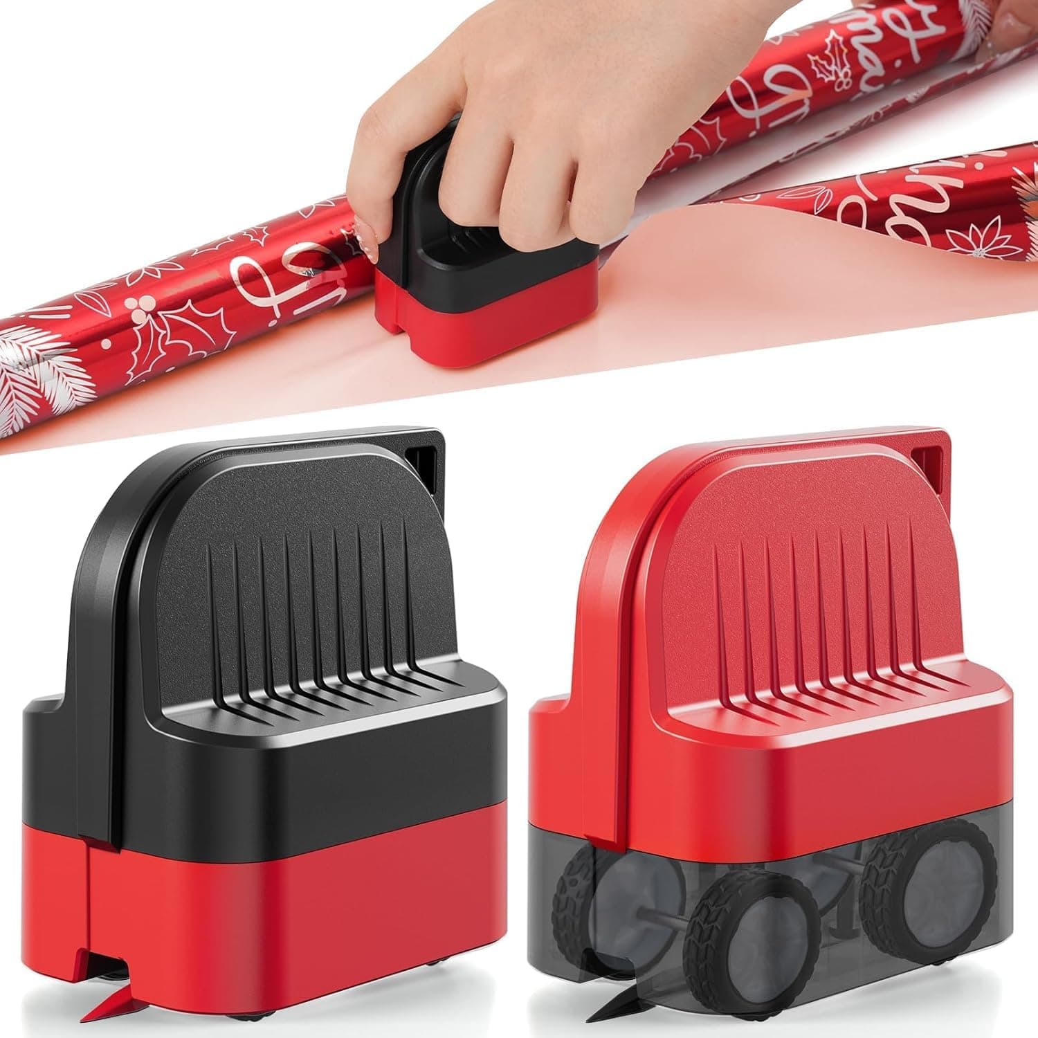 YelaJoy 2-Pack Wrapping Paper Cutter with Wheels | Straight Line Gift Wrap Cutter for Birthday and Christmas, Fits Various Rolls and Papers, Includes 2 Replaceable Blades (Black & Red)