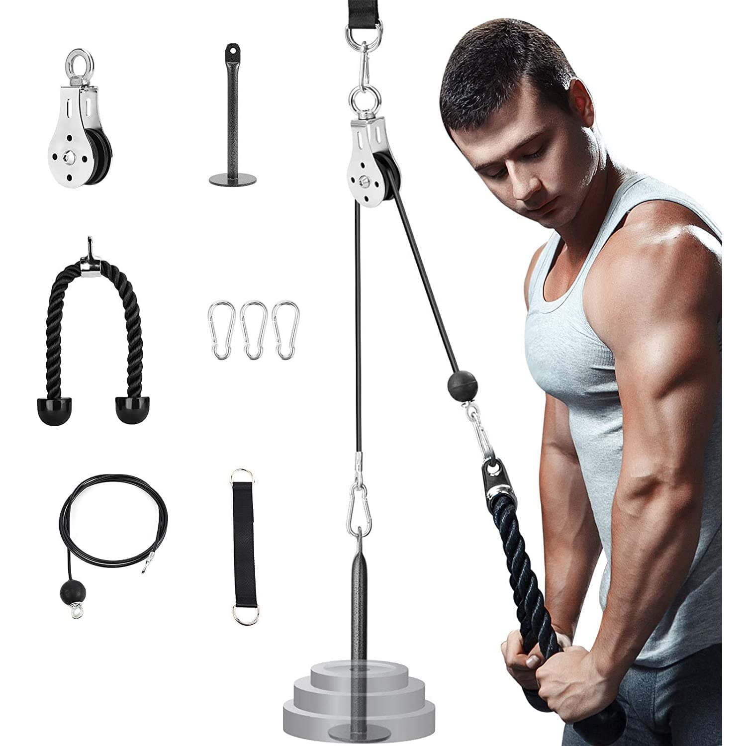 Arabest Pulley System Gym, Home Cable Pulley System with Silent Pulley, Tricep Rope, 2m Cables, Loading Pin, 3 Carabiner and Hanging Strap, Home Gym Equipment for LAT Pulldown and Triceps Extension