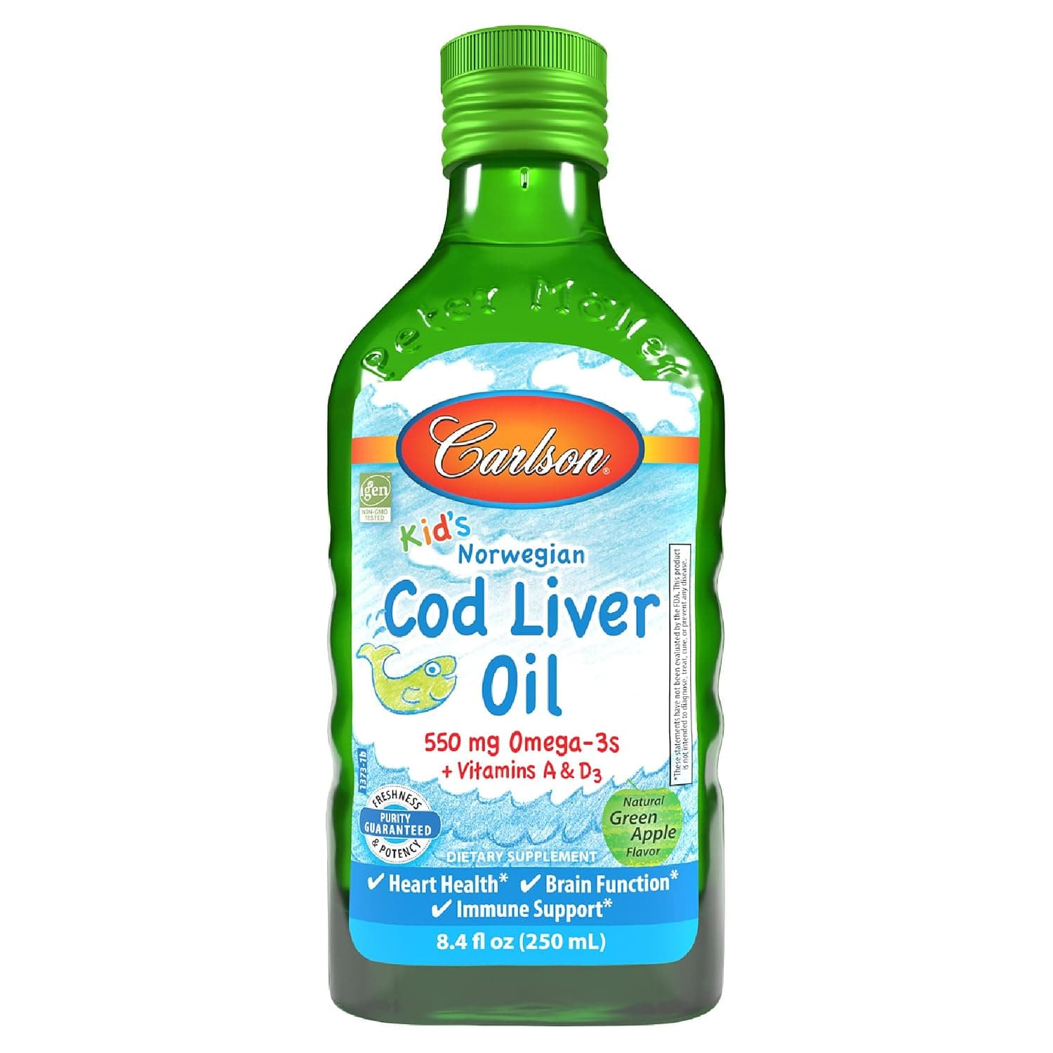 Carlson Kid's Cod Liver Oil, 550 mg, Omega-3s, 250 mL (8.4 Fl Oz) | plus Vitamins A and D3; Liquid Fish Oil Supplement; Wild Caught Norwegian Arctic Cod Liver Oil; Green Apple