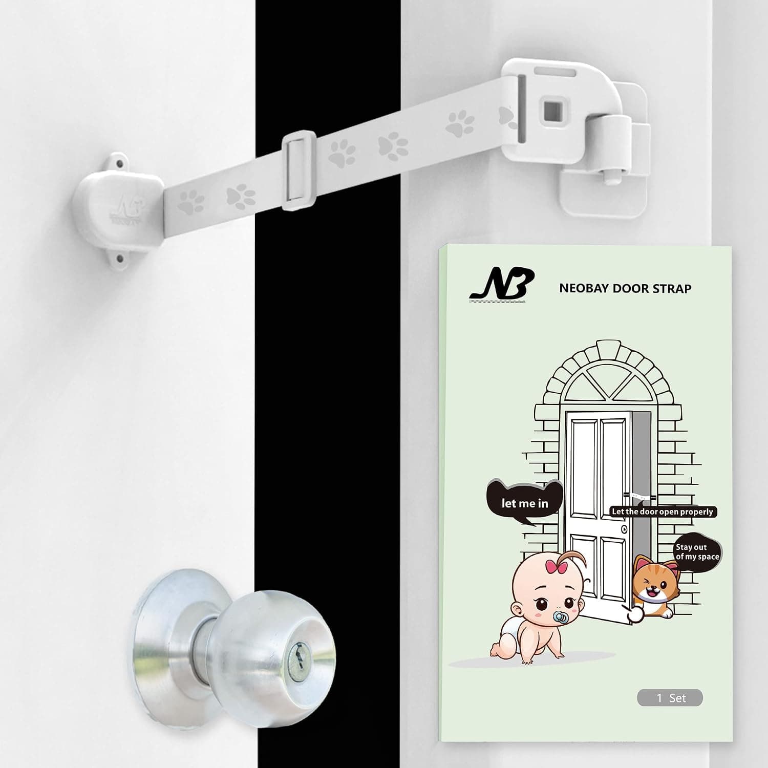 Neobay Child Proof Door Lock with Adjustable Door Strap and Latch. No Need for Interior Cat Door. Keep Toddler Out of Room with Litter Box While Let Cat in Easily.