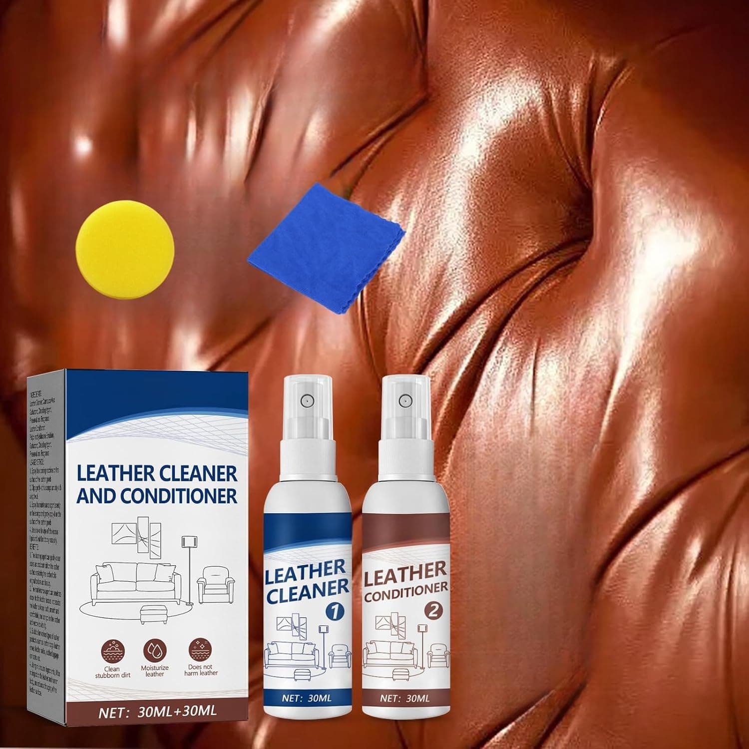 Car Leather Cleaner & Conditioner Set, 30ml Cleaner + 30ml Conditioner + 1 Sponge + 1 Towel - Premium Leather Care Kit for Cars, Sofas, and Leather Goods - Protects Against Cracking & Fading